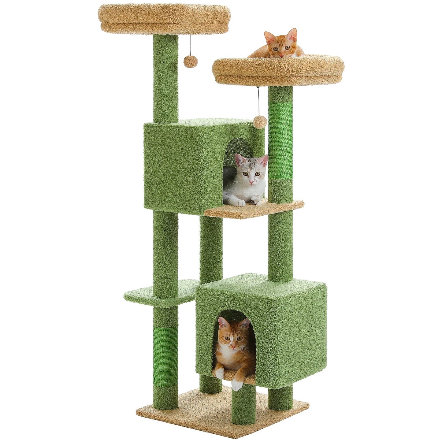 Arbre à chat cactus de 133 cm pour chats d’intérieur avec 2 perchoirs rembourrés, 2 condos douillets, 2 poteaux à griffer en sisal et pompons suspendus remplaçables – aire de jeux multi-chats peu encombrante.