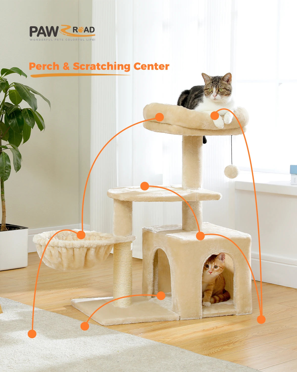 Tour pour chat réglable à 5 niveaux, du sol au plafond, avec poteaux à griffer en sisal, hamac en peluche et jouet suspendu – Design moderne en forme de cactus pour les jeux d'intérieur de plusieurs chats