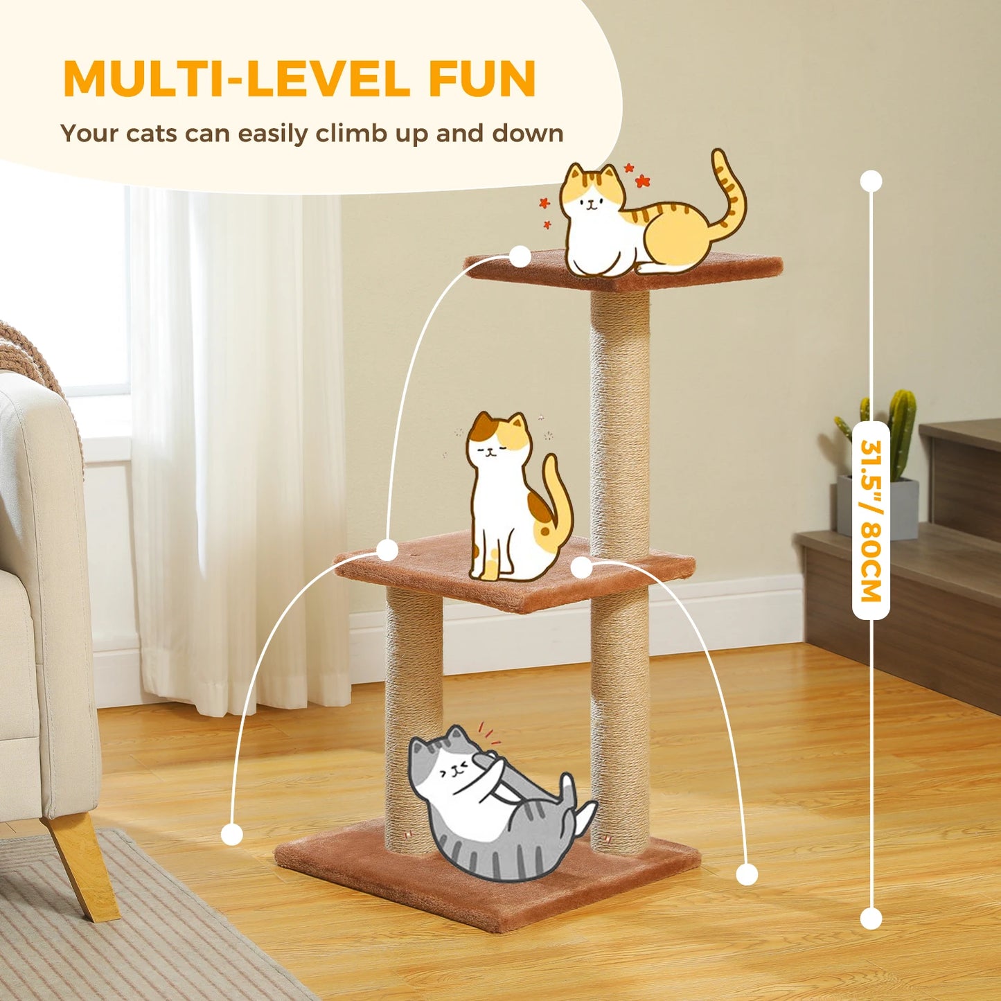 Tour pour chat réglable à 5 niveaux, du sol au plafond, avec poteaux à griffer en sisal, hamac en peluche et jouet suspendu – Design moderne en forme de cactus pour les jeux d'intérieur de plusieurs chats