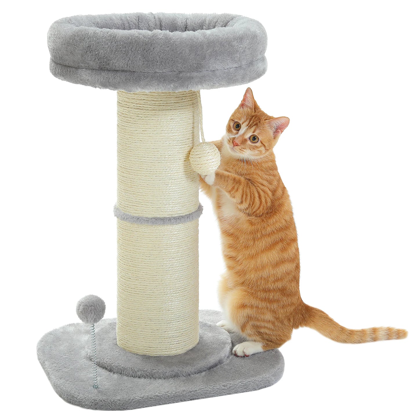 Arbre à chat fleur rose avec poteau à griffer en sisal naturel super épais, perchoir stable intérieur avec tapis et boules interactives.