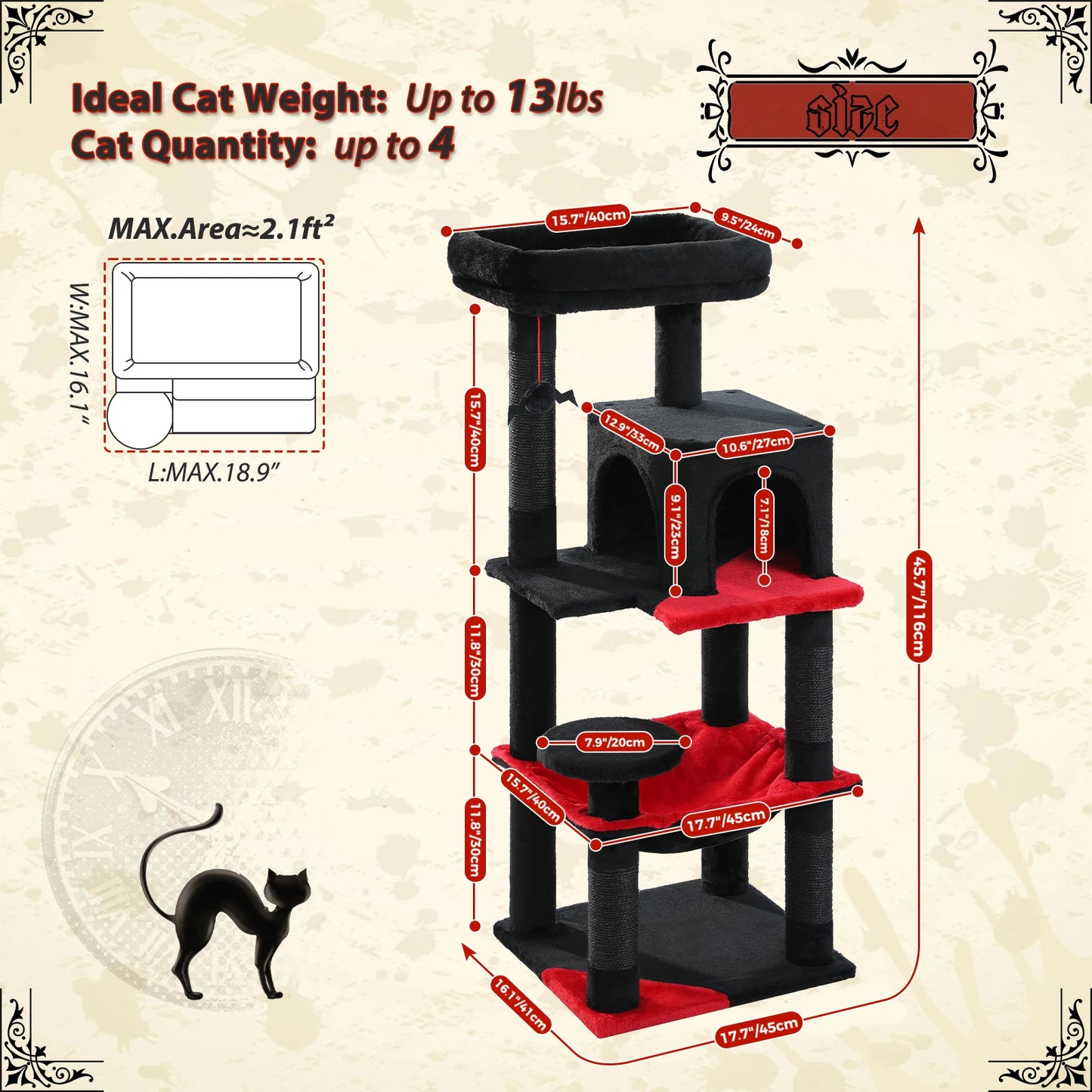 Gratte-ciel pour chats de style gothique avec hamac extra grand, poteau à griffer recouvert de sisal, condo confortable et perchoir supérieur en peluche – aire de jeux intérieure pour chats peu encombrante.