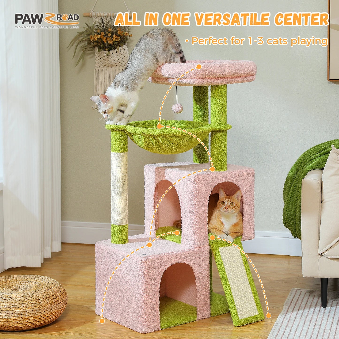 Arbre à chat de luxe tout-en-un avec 2 condos spacieux, grand hamac, perchoir rembourré, poteaux à griffer et rampe – Centre robuste de jeu et de repos multi-chats pour gros chats avec sangle de sécurité.