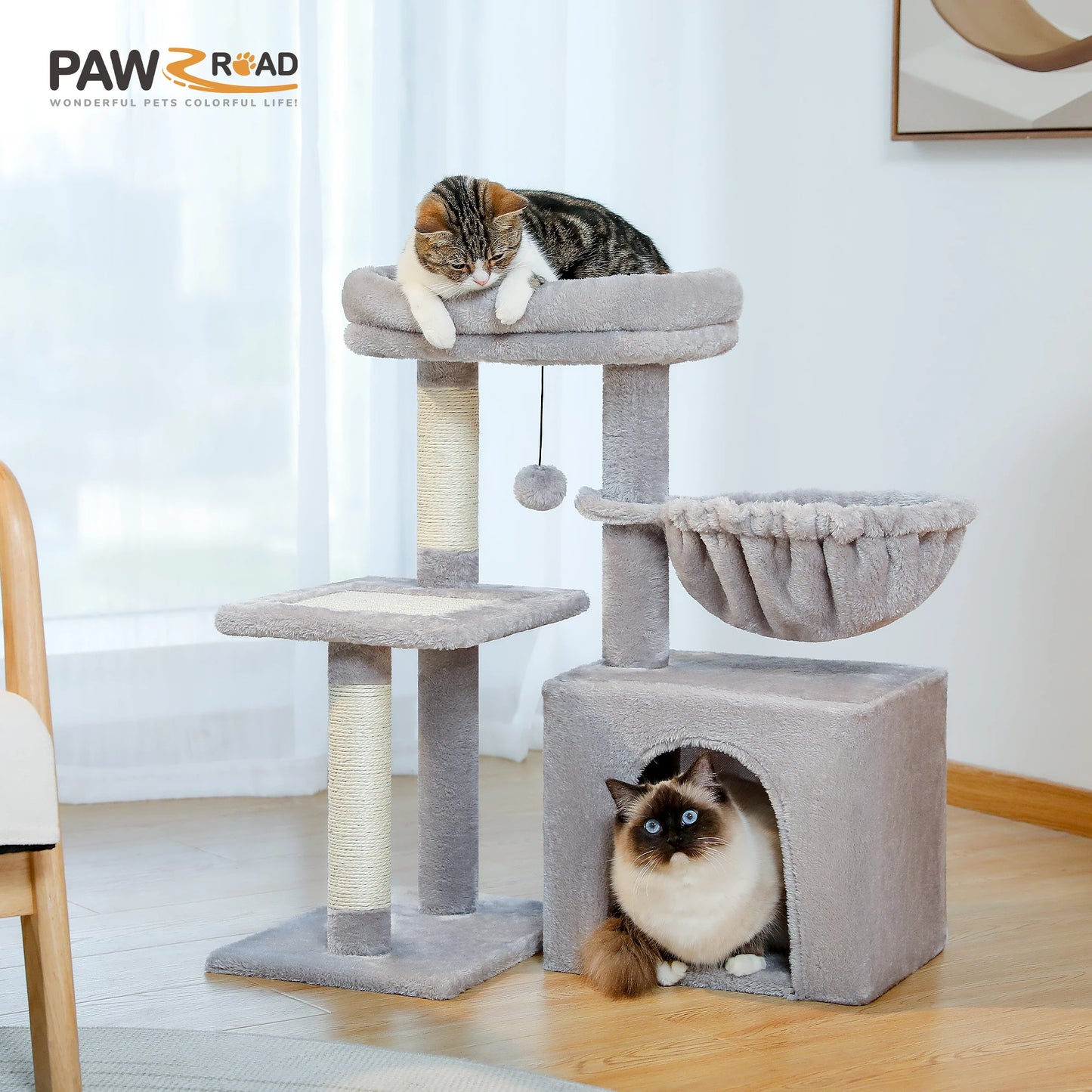 Tour pour chat réglable à 5 niveaux, du sol au plafond, avec poteaux à griffer en sisal, hamac en peluche et jouet suspendu – Design moderne en forme de cactus pour les jeux d'intérieur de plusieurs chats