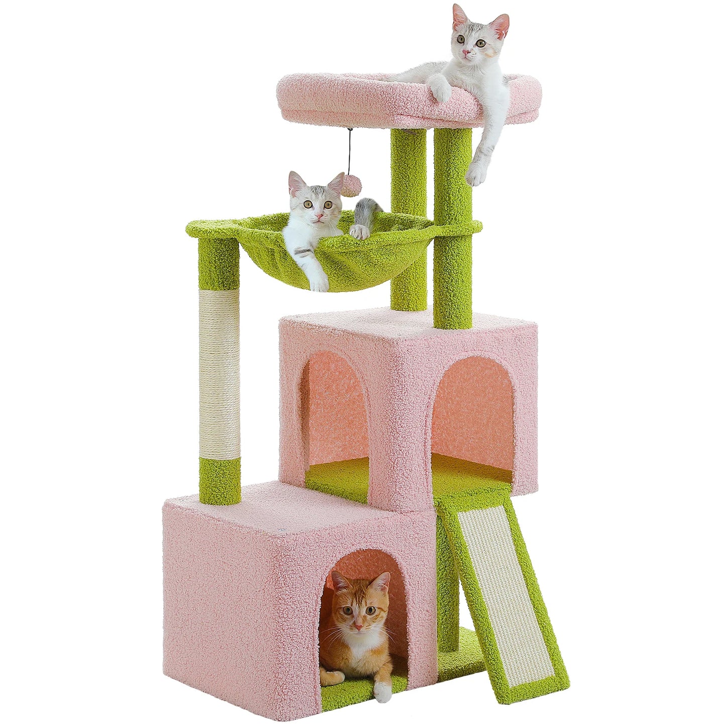 Arbre à chat de luxe tout-en-un avec 2 condos spacieux, grand hamac, perchoir rembourré, poteaux à griffer et rampe – Centre robuste de jeu et de repos multi-chats pour gros chats avec sangle de sécurité.