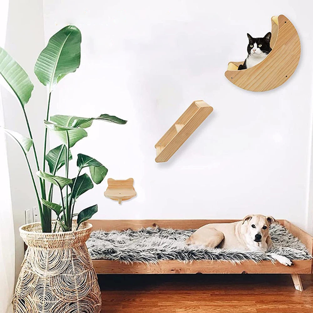 Ensemble d’étagères murales pour chat en forme de lune avec hamac, perchoirs, échelle et marches en bois massif – mobilier d’escalade intérieur élégant pour chat, pour l’activité, le repos et le jeu.