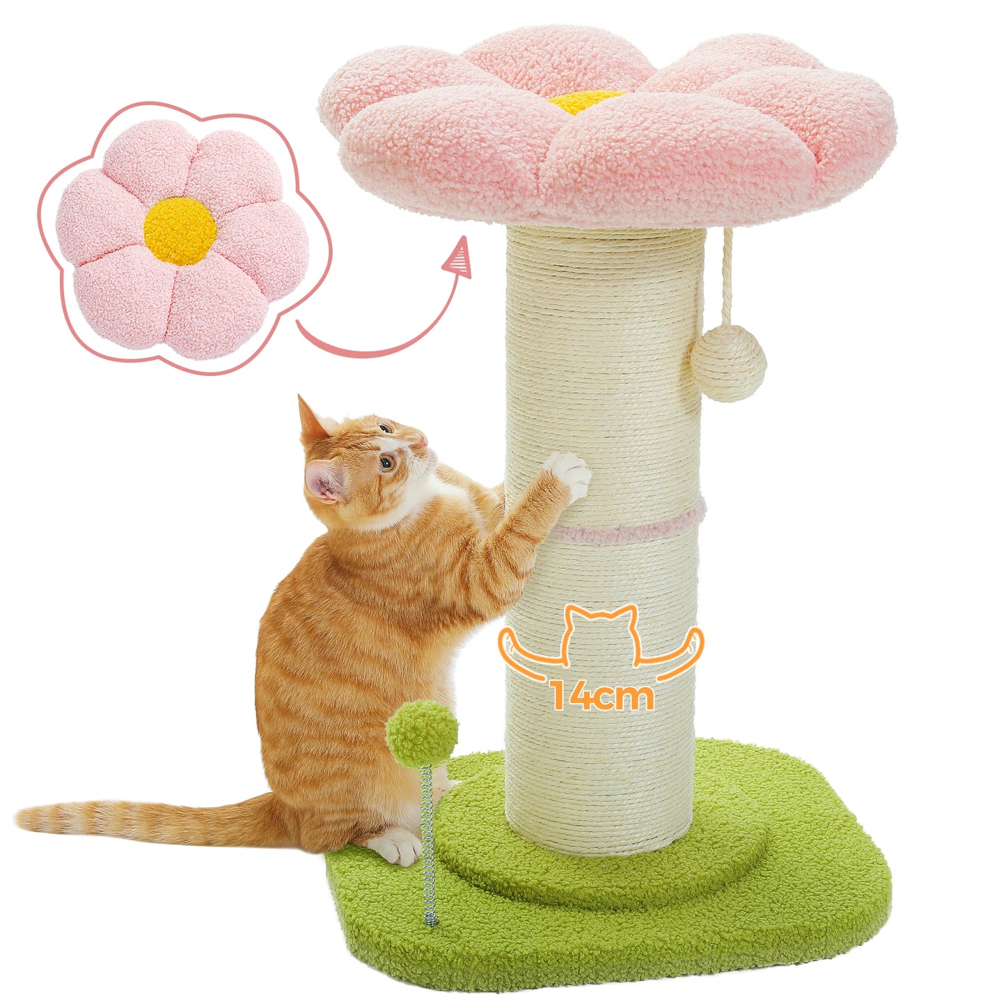 Arbre à chat fleur rose avec poteau à griffer en sisal naturel super épais, perchoir stable intérieur avec tapis et boules interactives.