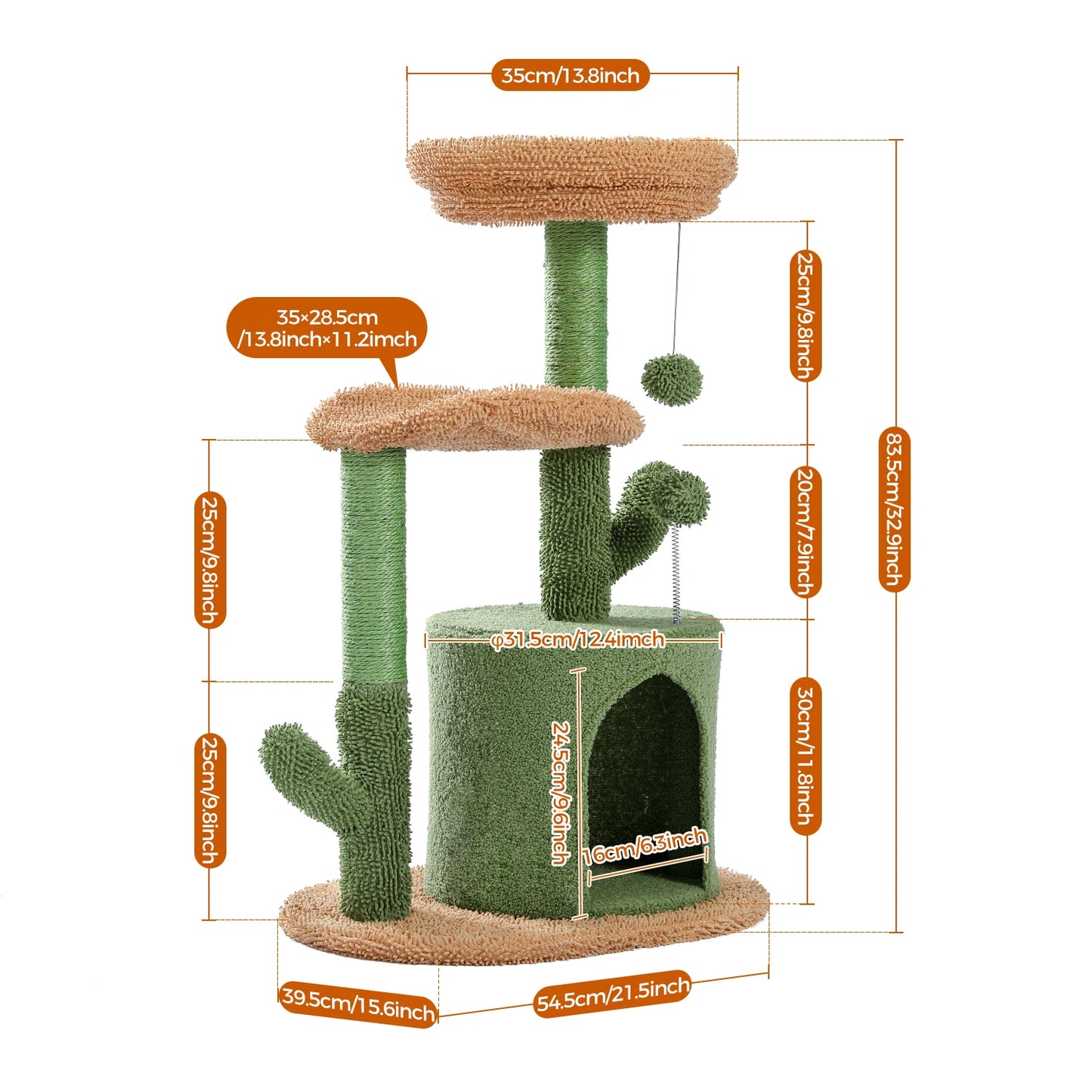Arbre à chat cactus durable avec perchoir courbe, condo douillet, lit supérieur amovible, poteau à griffer en sisal naturel, tour pour chat d'intérieur.