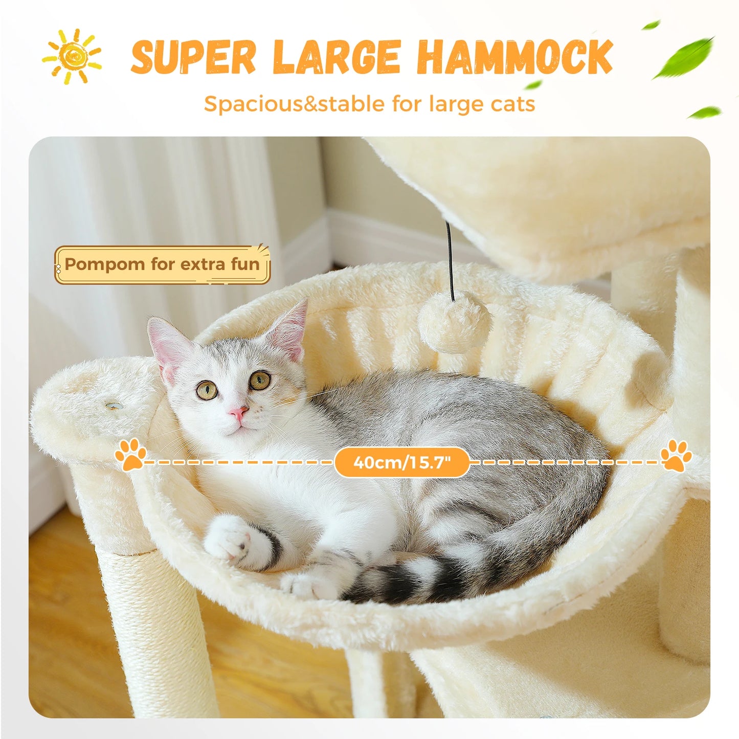 Arbre à chat de luxe tout-en-un avec 2 condos spacieux, grand hamac, perchoir rembourré, poteaux à griffer et rampe – Centre robuste de jeu et de repos multi-chats pour gros chats avec sangle de sécurité.