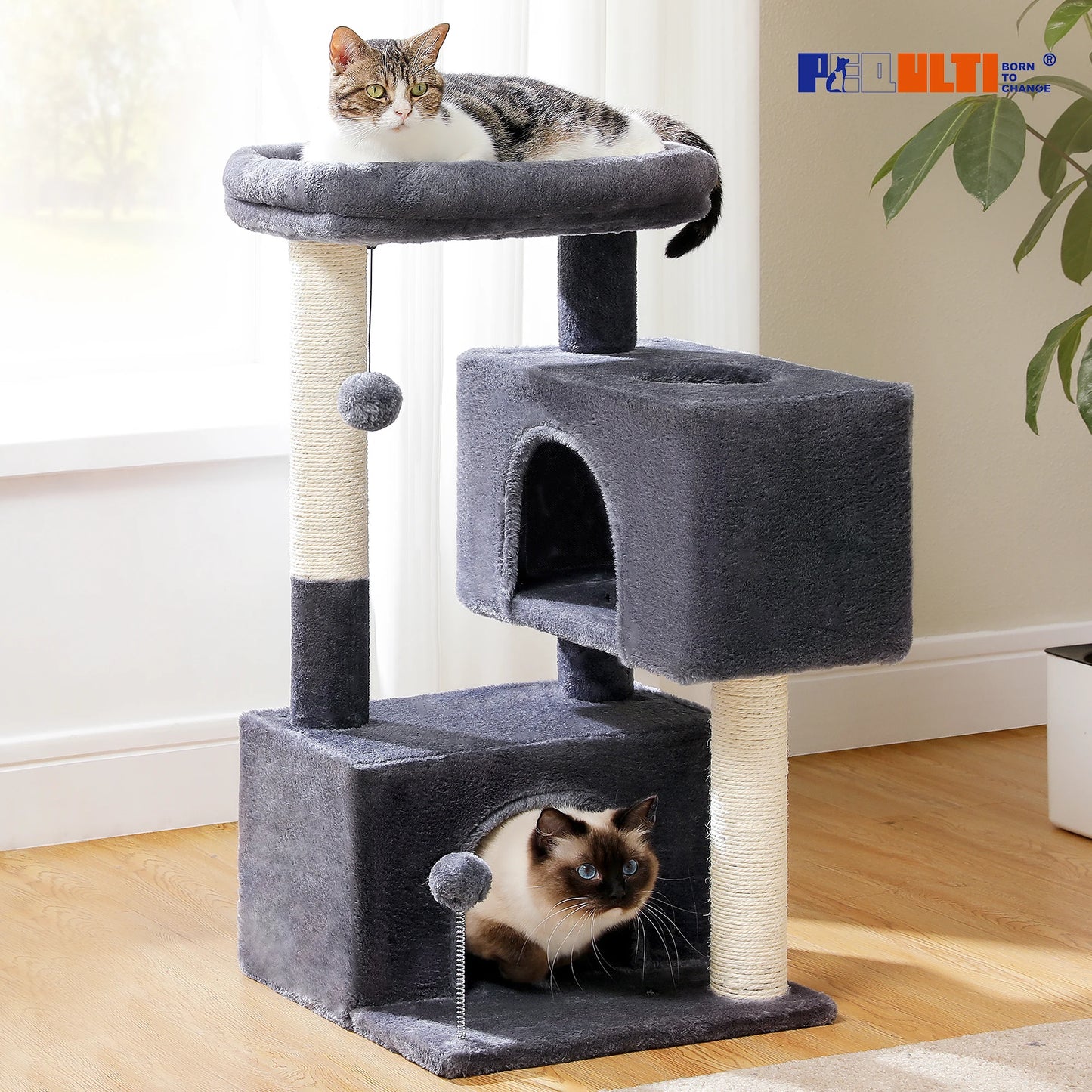 Arbre à chat de luxe tout-en-un avec 2 condos spacieux, grand hamac, perchoir rembourré, poteaux à griffer et rampe – Centre robuste de jeu et de repos multi-chats pour gros chats avec sangle de sécurité.