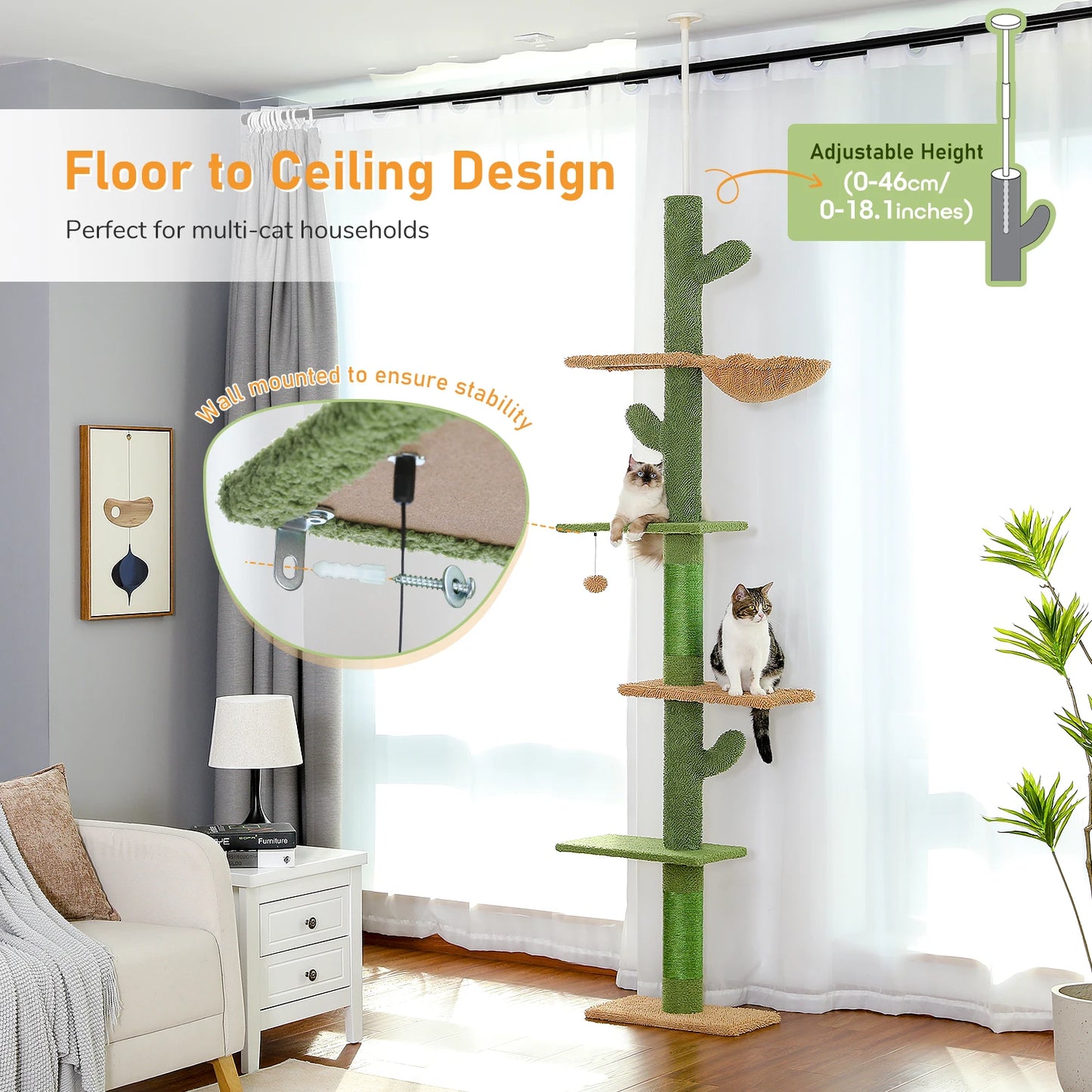 Tour d'arbre à chat d'intérieur transformable avec grand hamac moelleux, Perchoir supérieur amovible et poteaux à griffer en sisal naturel