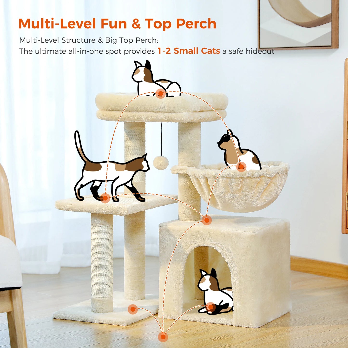 Tour pour chat réglable à 5 niveaux, du sol au plafond, avec poteaux à griffer en sisal, hamac en peluche et jouet suspendu – Design moderne en forme de cactus pour les jeux d'intérieur de plusieurs chats
