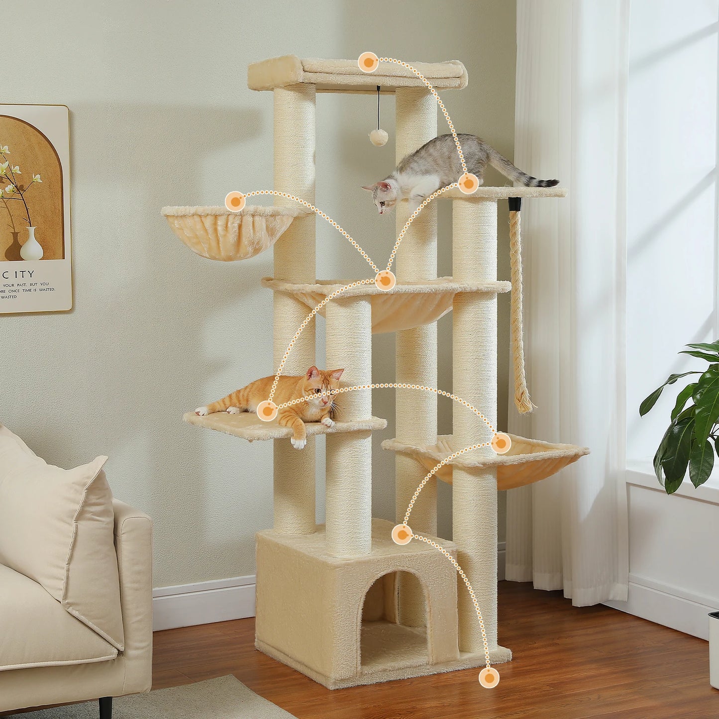 Arbre à chat pour gros chats avec 11 poteaux à griffer en sisal, 7 niveaux, plusieurs hamacs et perchoirs extra-larges – Château d’escalade robuste pour intérieur, adapté aux chats jusqu’à 10 kg.