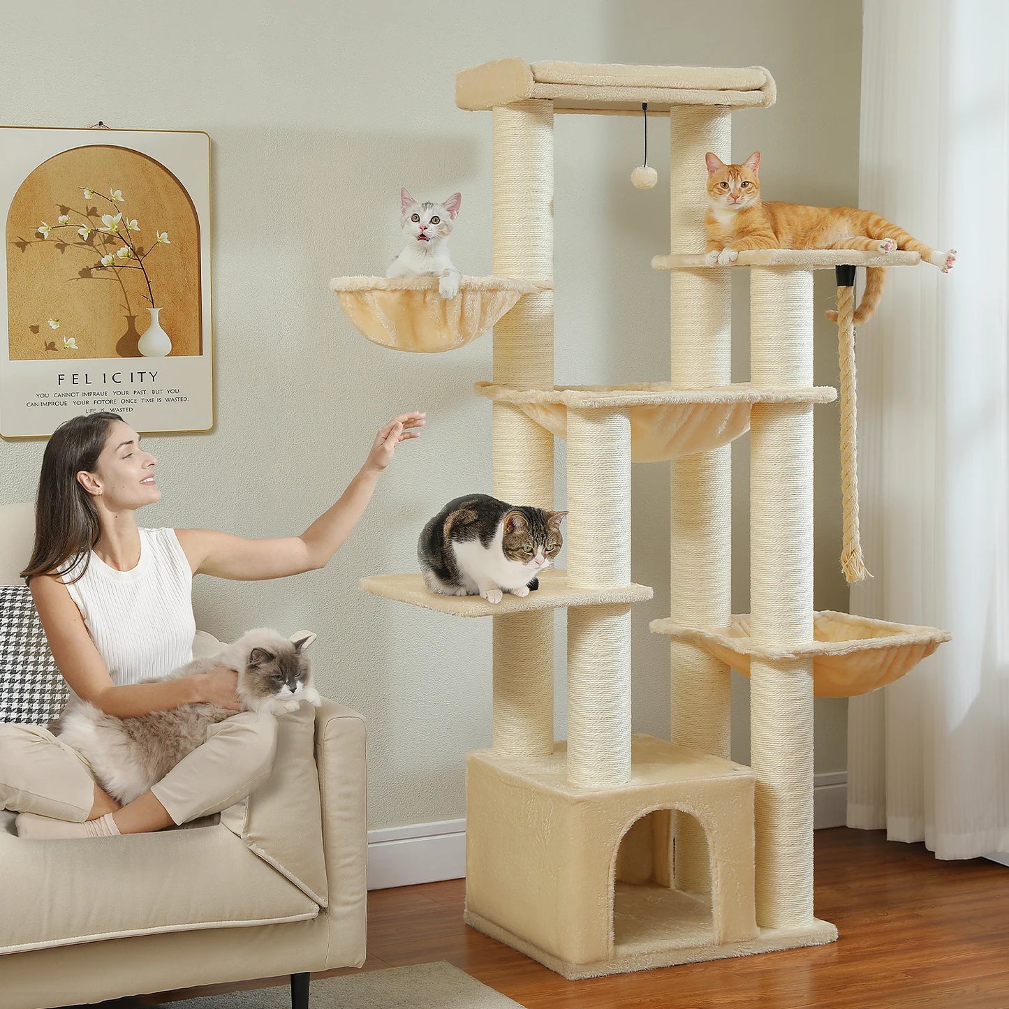 Meuble arbre à chat minimaliste s'intégrant parfaitement à un intérieur moderne Arbre à chat modulaire peu encombrant avec hamacs amovibles et lavables