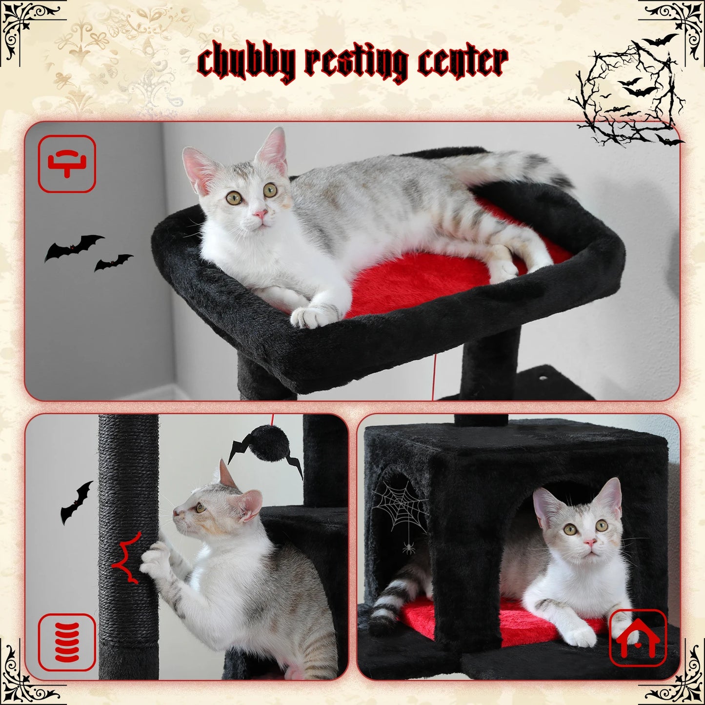 Gratte-ciel pour chats de style gothique avec hamac extra grand, poteau à griffer recouvert de sisal, condo confortable et perchoir supérieur en peluche – aire de jeux intérieure pour chats peu encombrante.