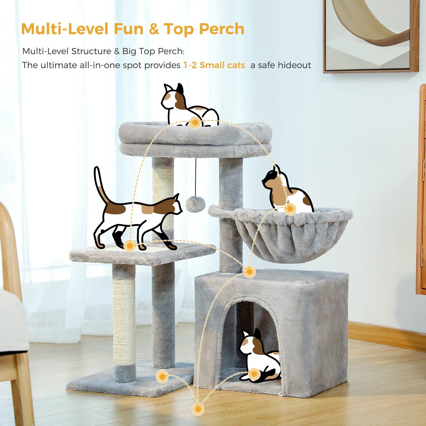 Tour pour chat réglable à 5 niveaux, du sol au plafond, avec poteaux à griffer en sisal, hamac en peluche et jouet suspendu – Design moderne en forme de cactus pour les jeux d'intérieur de plusieurs chats
