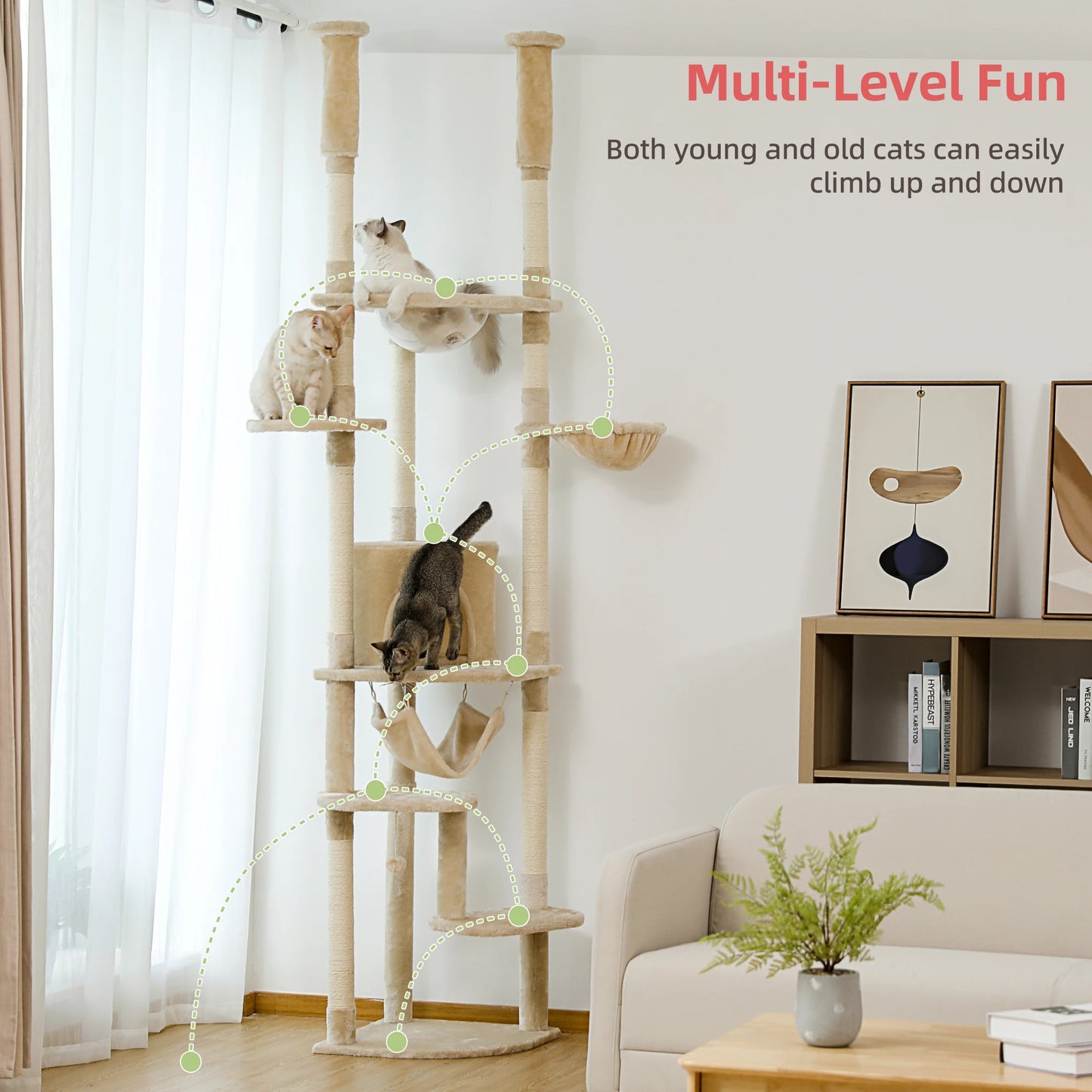 Arbre à chat réglable du sol au plafond avec 9 poteaux à griffer en sisal, condo douillet, hamac en peluche, perchoirs et balle à ressort – grand centre d’activité vertical multi-chats idéal pour les grandes famille