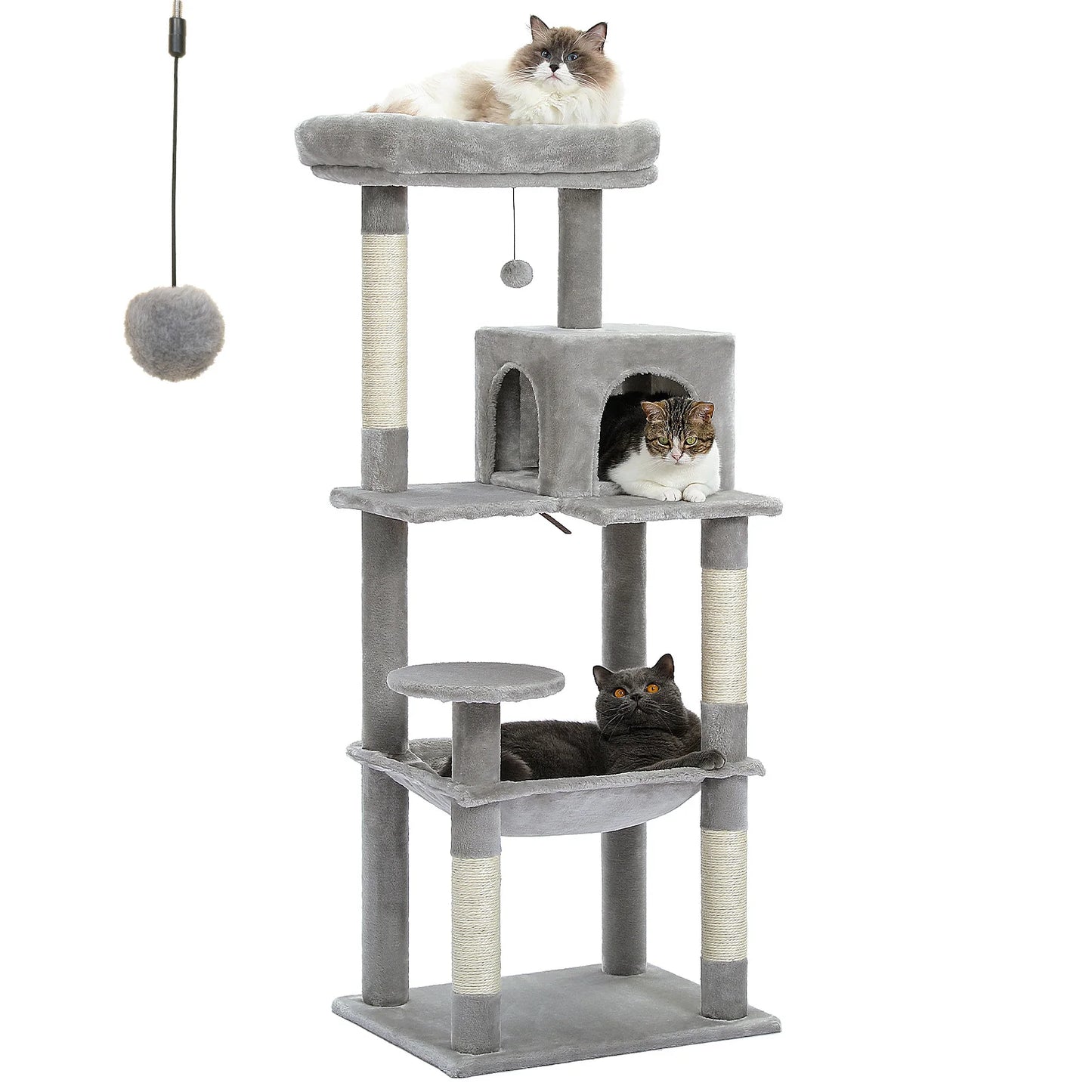 Tour d'arbre à chat à 5 niveaux pour grands chats avec hamac extra-large, niche confortable, poteaux à griffer en sisal et perchoir moelleux – Centre d'activités d'intérieur adapté aux chats lourds