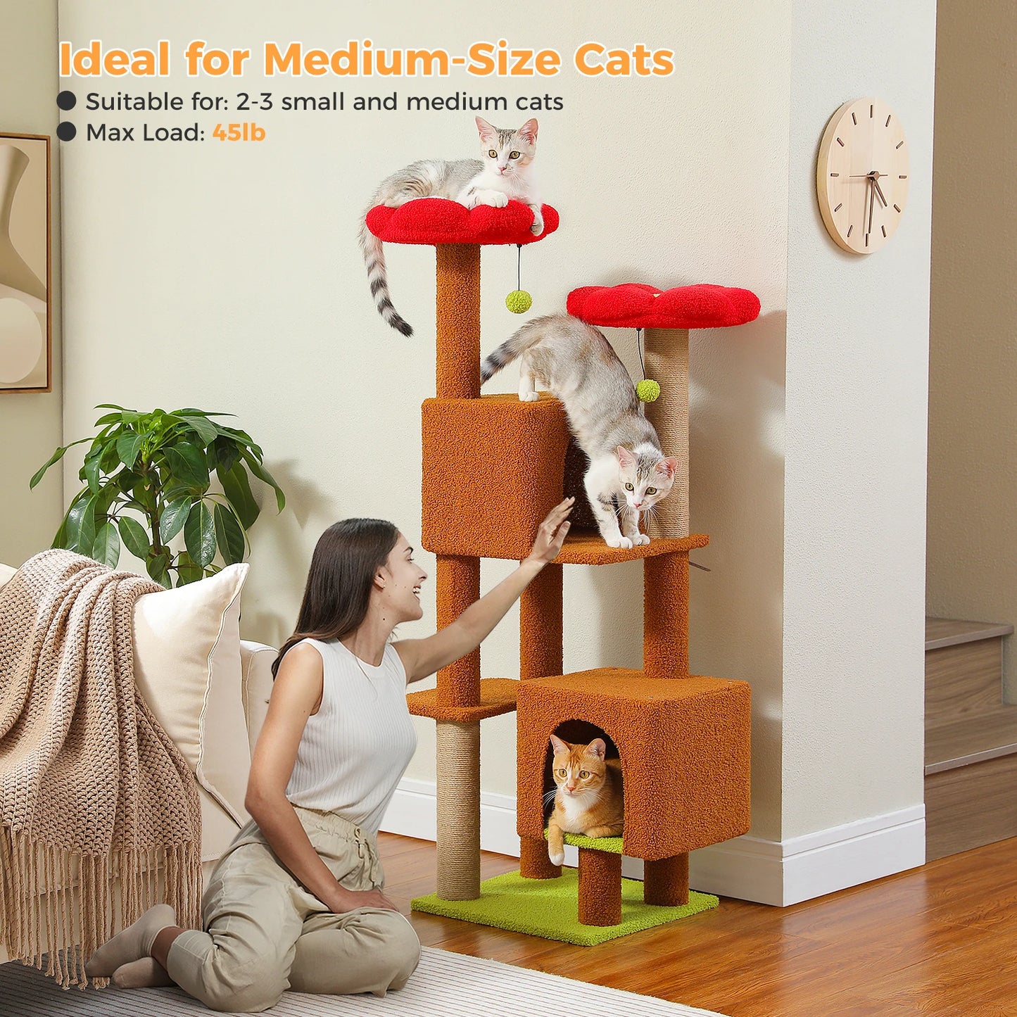Arbre à chat cactus de 133 cm pour chats d’intérieur avec 2 perchoirs rembourrés, 2 condos douillets, 2 poteaux à griffer en sisal et pompons suspendus remplaçables – aire de jeux multi-chats peu encombrante.