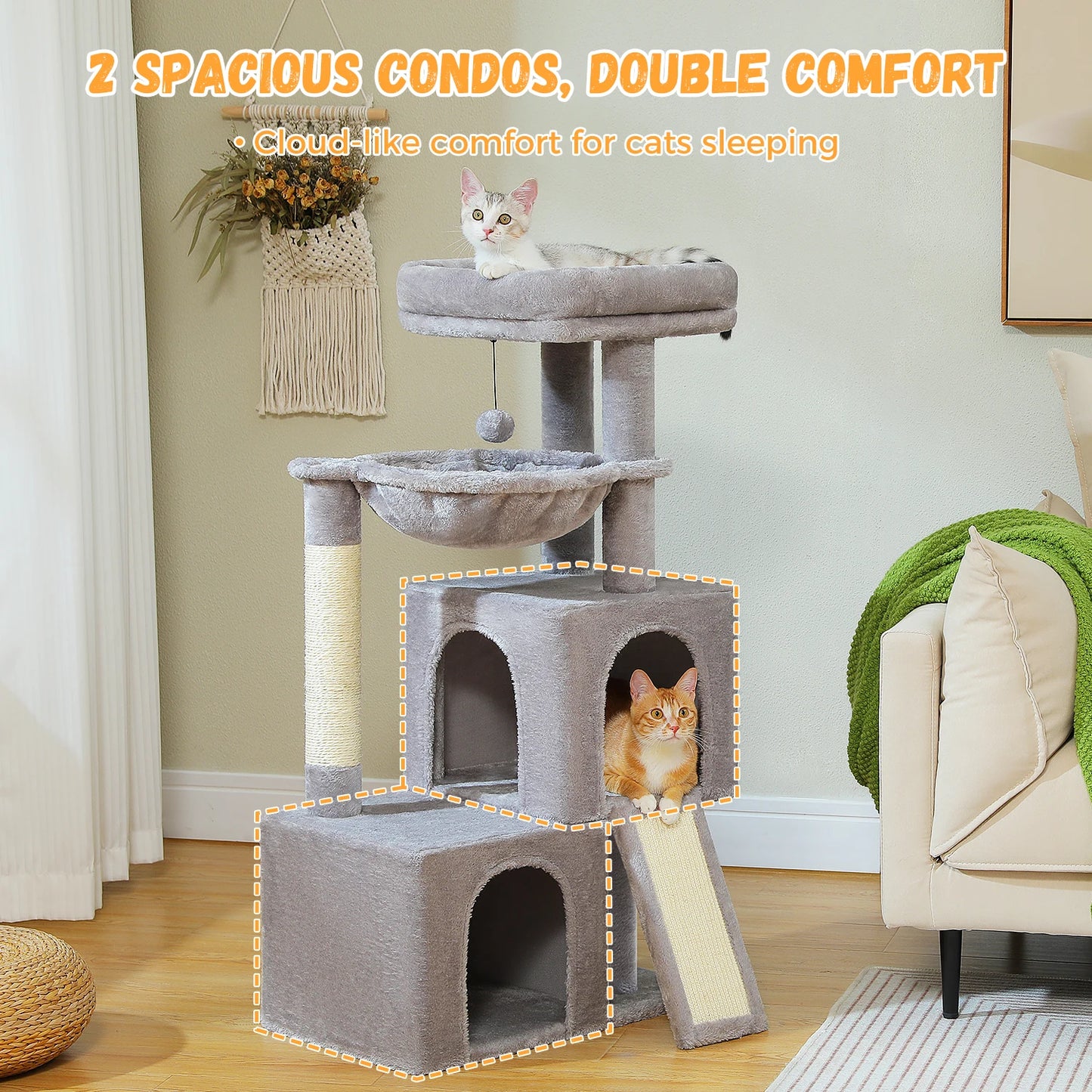 Arbre à chat de luxe tout-en-un avec 2 condos spacieux, grand hamac, perchoir rembourré, poteaux à griffer et rampe – Centre robuste de jeu et de repos multi-chats pour gros chats avec sangle de sécurité.