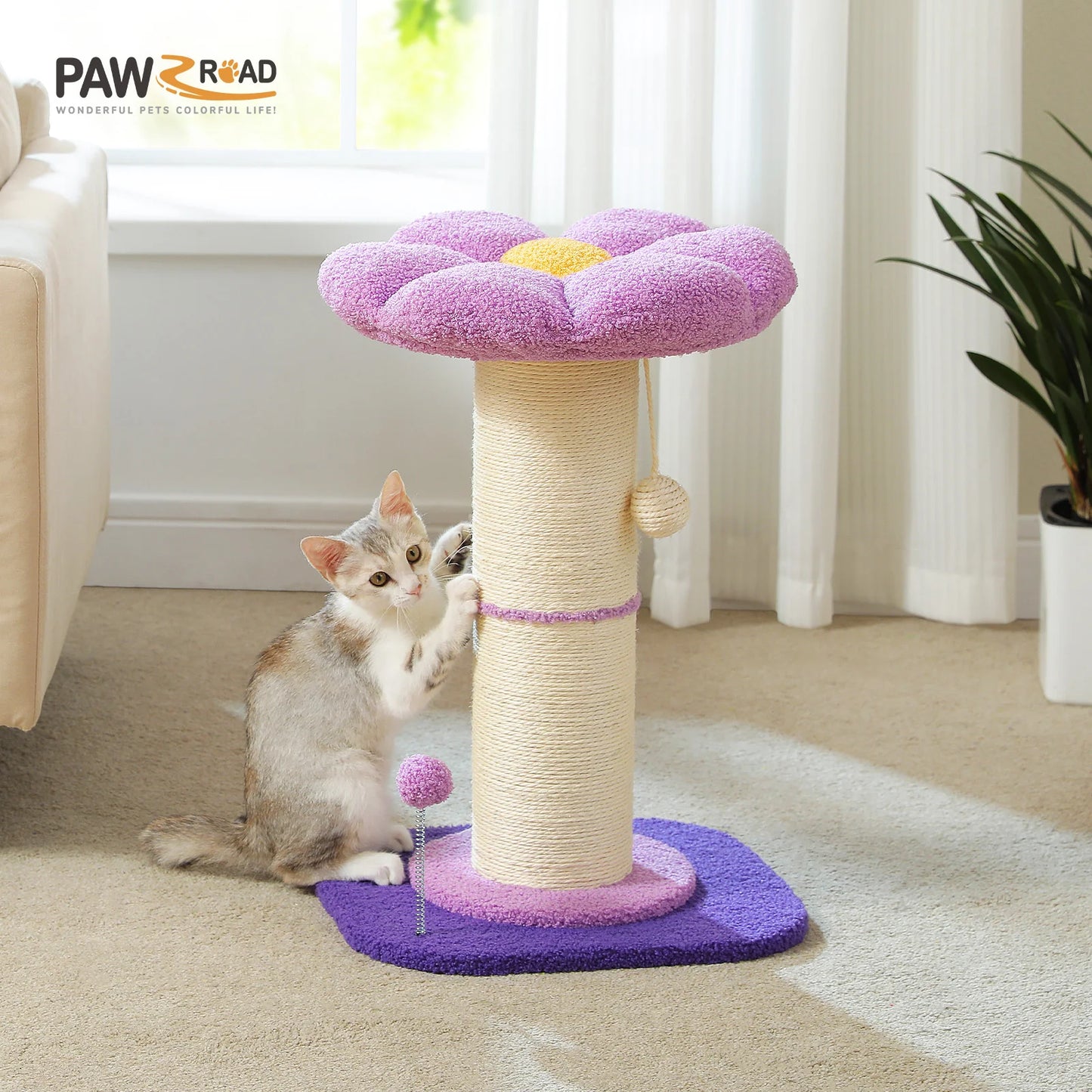 Arbre à chat fleur rose avec poteau à griffer en sisal naturel super épais, perchoir stable intérieur avec tapis et boules interactives.