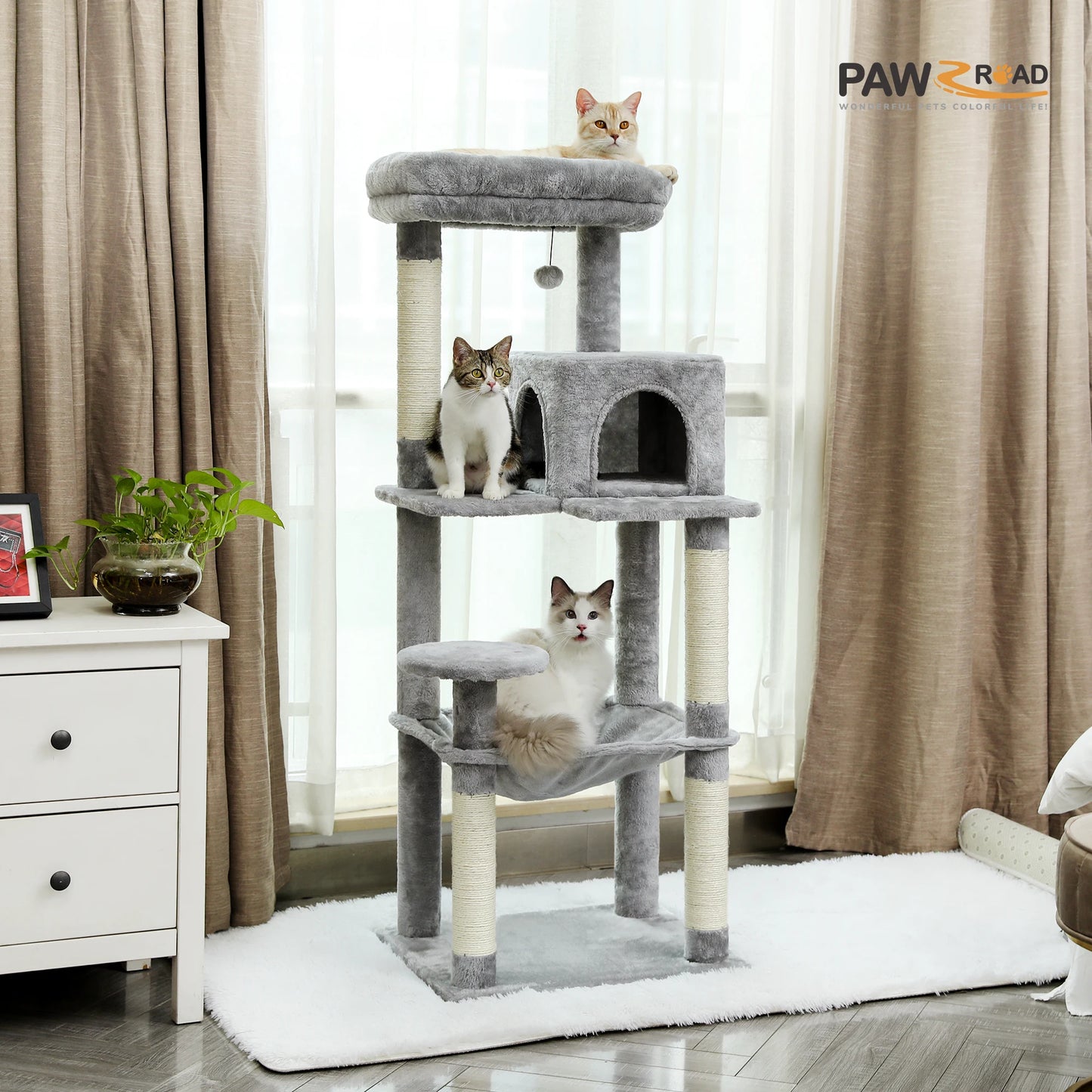 Tour d'arbre à chat à 5 niveaux pour grands chats avec hamac extra-large, niche confortable, poteaux à griffer en sisal et perchoir moelleux – Centre d'activités d'intérieur adapté aux chats lourds