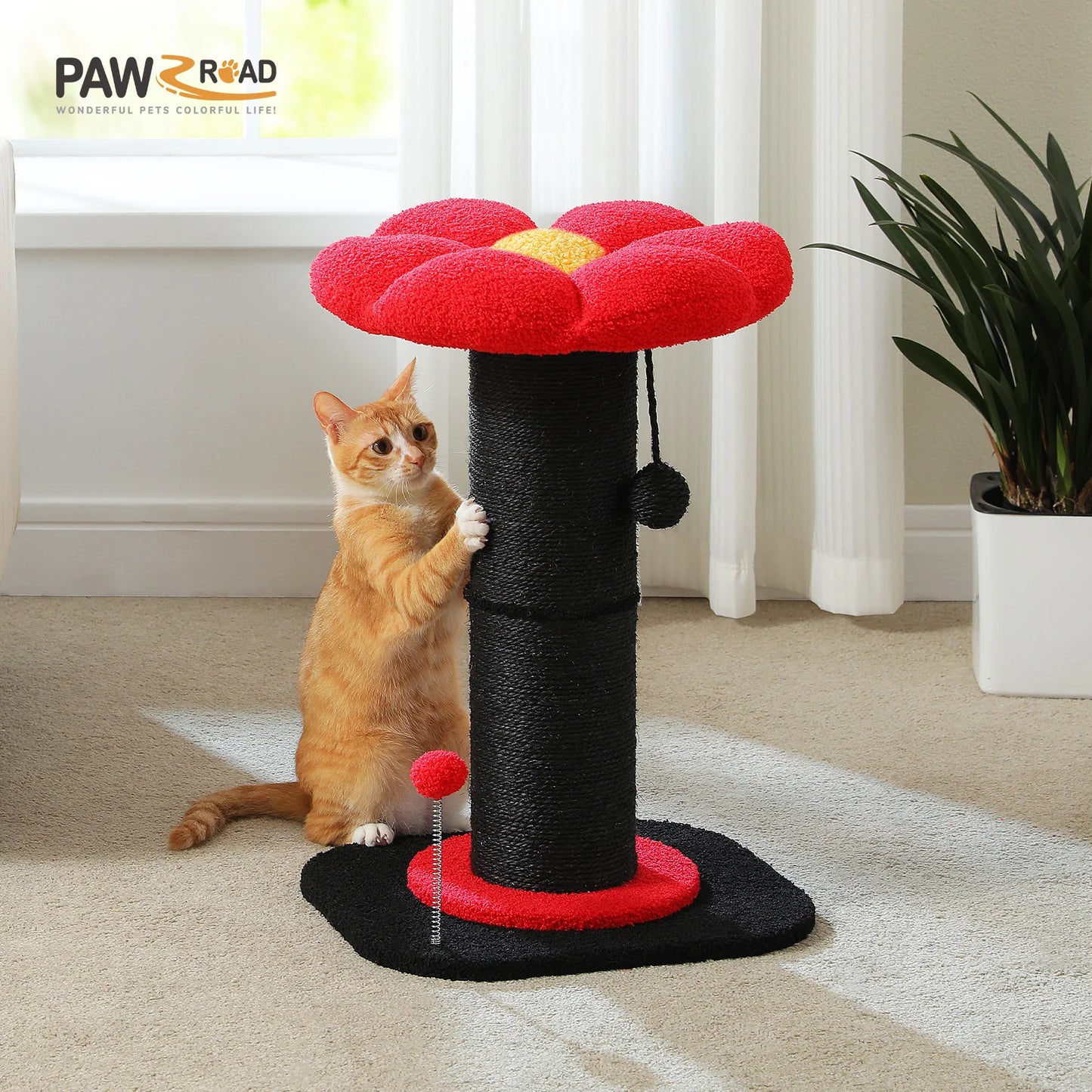 Arbre à chat fleur rose avec poteau à griffer en sisal naturel super épais, perchoir stable intérieur avec tapis et boules interactives.