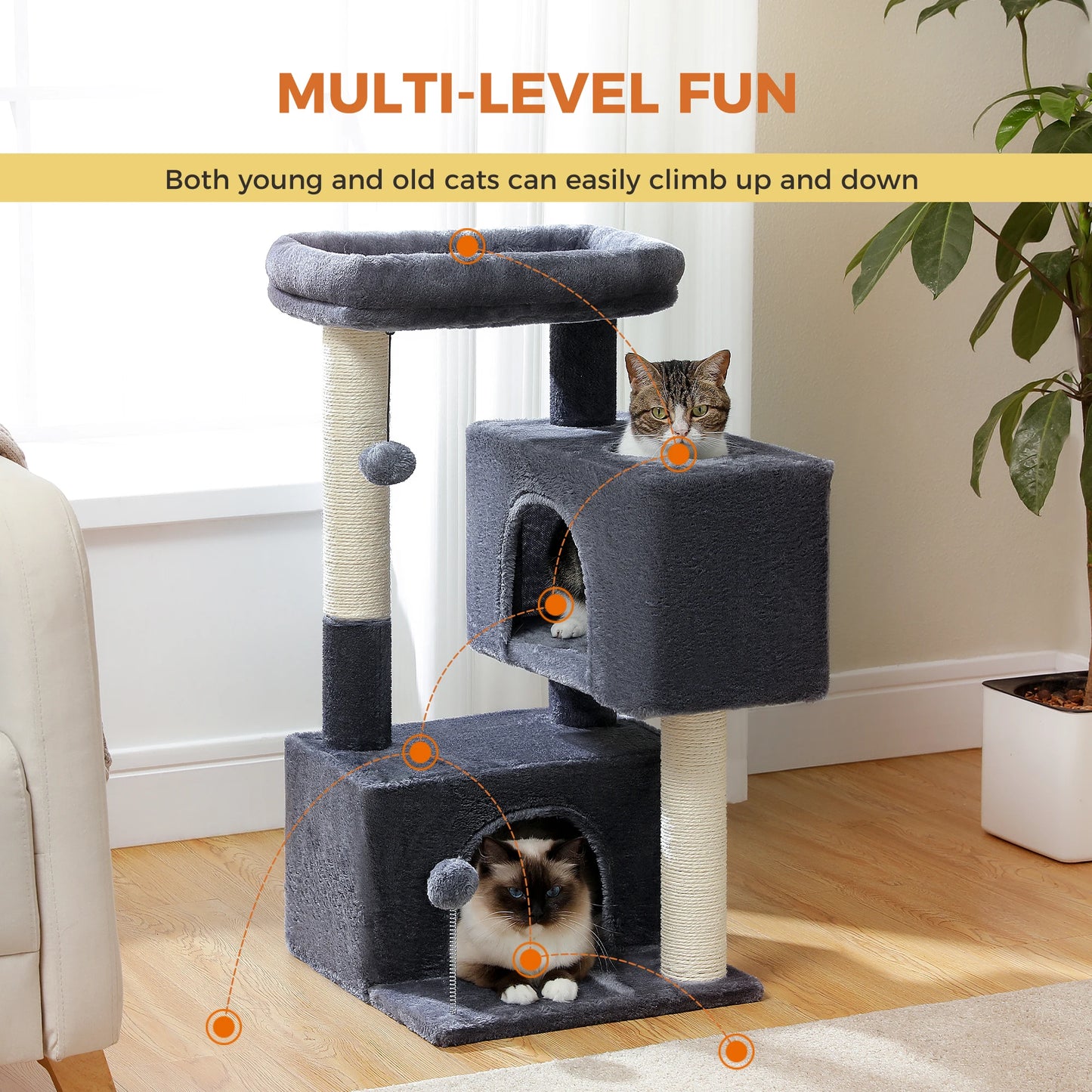 Arbre à chat de luxe tout-en-un avec 2 condos spacieux, grand hamac, perchoir rembourré, poteaux à griffer et rampe – Centre robuste de jeu et de repos multi-chats pour gros chats avec sangle de sécurité.