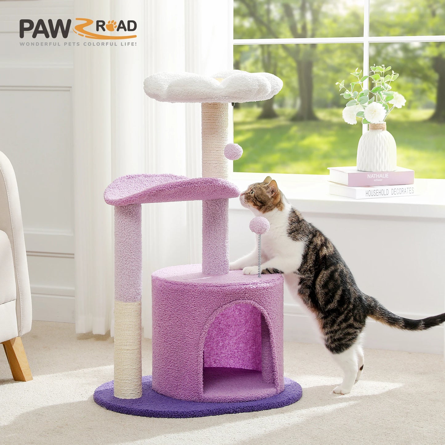 Arbre à chat cactus durable avec perchoir courbe, condo douillet, lit supérieur amovible, poteau à griffer en sisal naturel, tour pour chat d'intérieur.