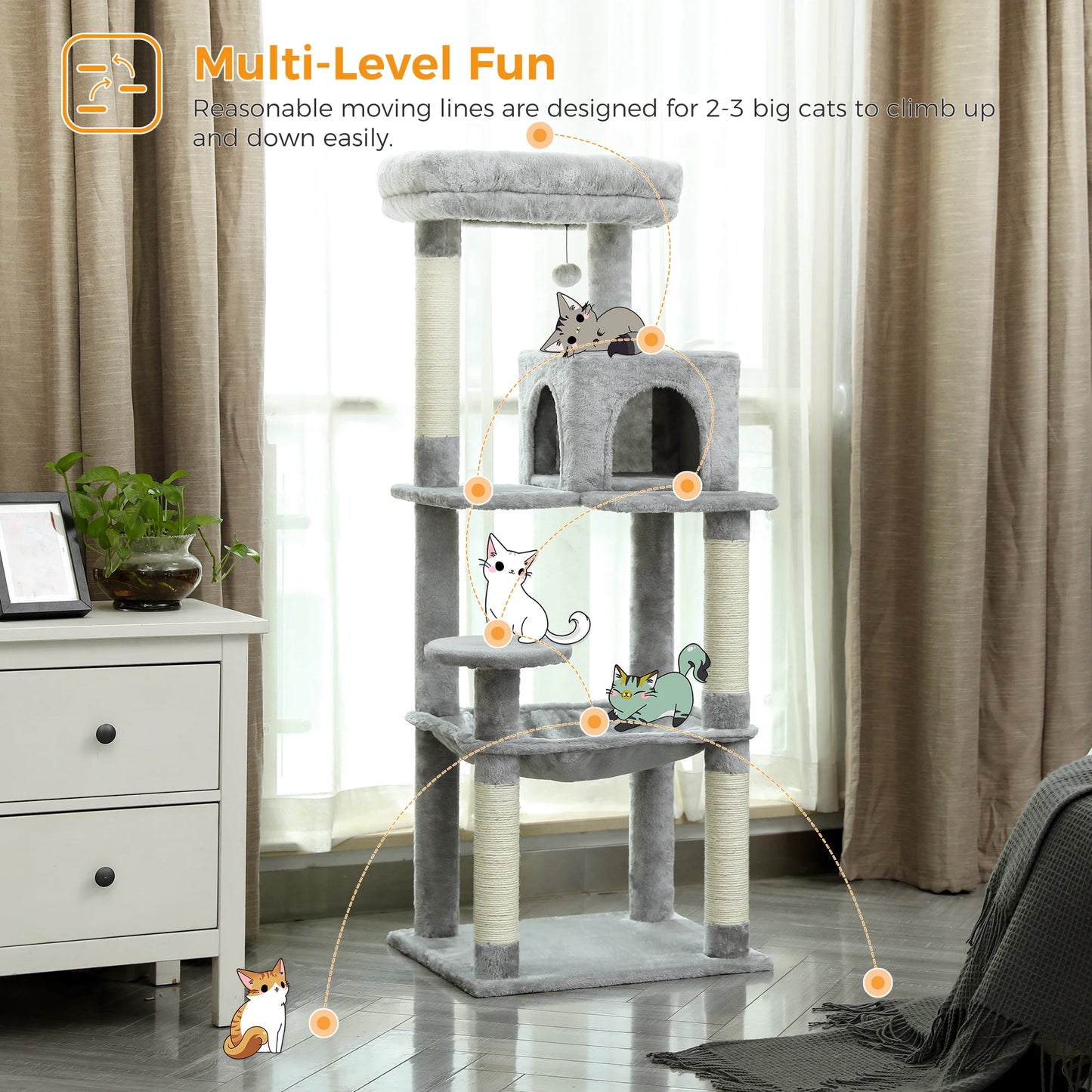 Tour d'arbre à chat à 5 niveaux pour grands chats avec hamac extra-large, niche confortable, poteaux à griffer en sisal et perchoir moelleux – Centre d'activités d'intérieur adapté aux chats lourds