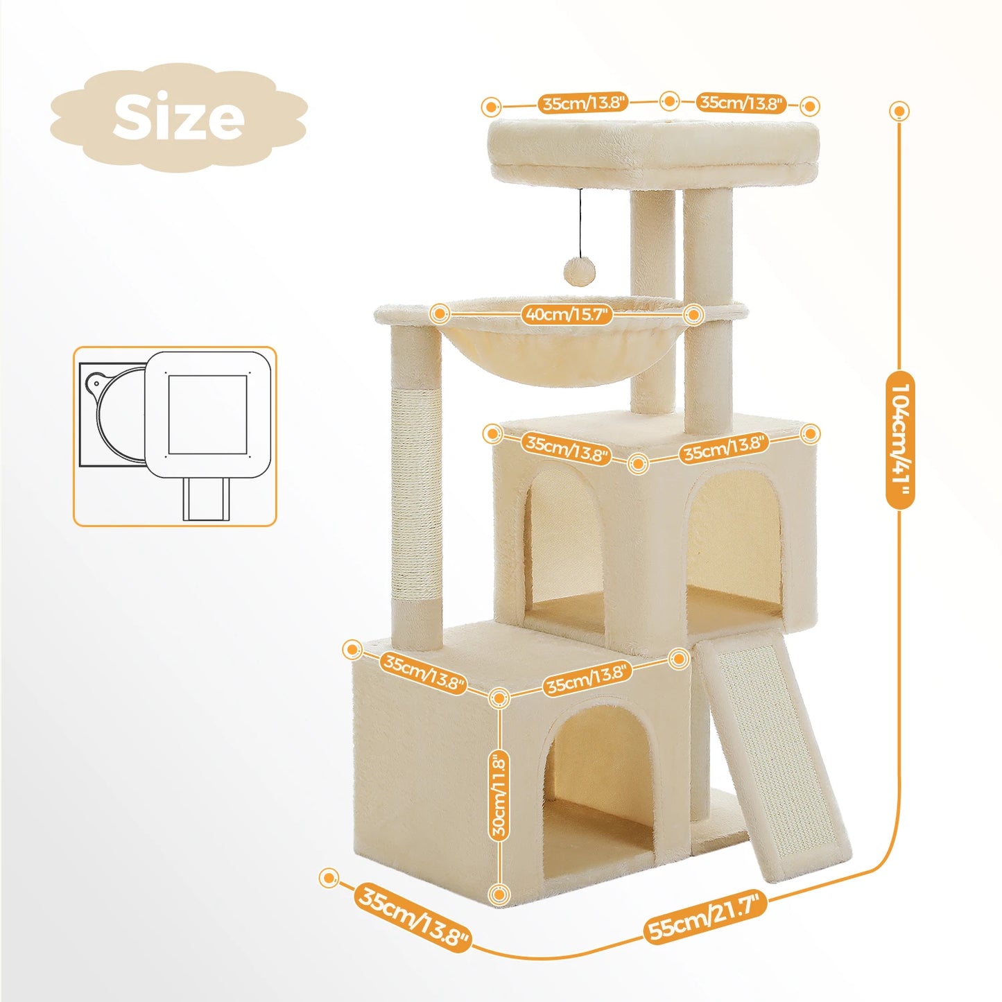 Arbre à chat de luxe tout-en-un avec 2 condos spacieux, grand hamac, perchoir rembourré, poteaux à griffer et rampe – Centre robuste de jeu et de repos multi-chats pour gros chats avec sangle de sécurité.