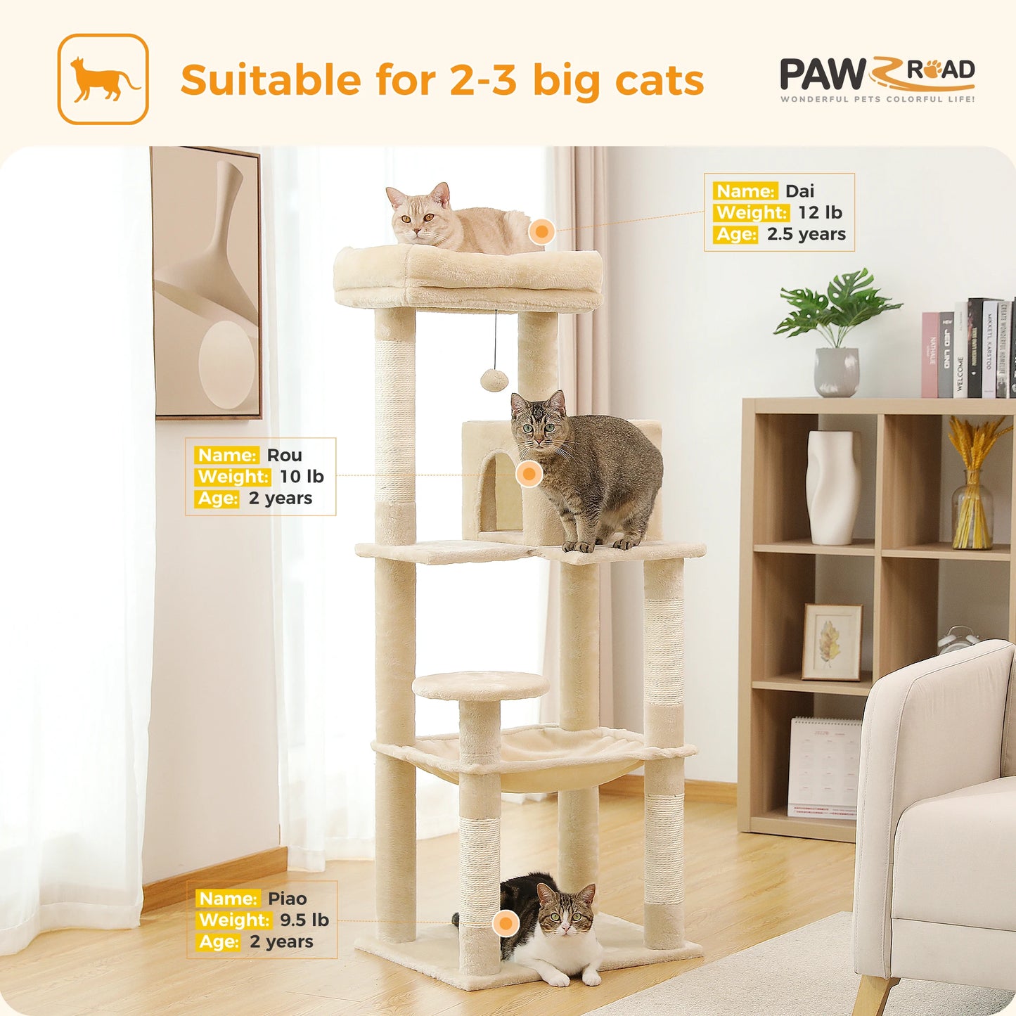 Tour d'arbre à chat à 5 niveaux pour grands chats avec hamac extra-large, niche confortable, poteaux à griffer en sisal et perchoir moelleux – Centre d'activités d'intérieur adapté aux chats lourds