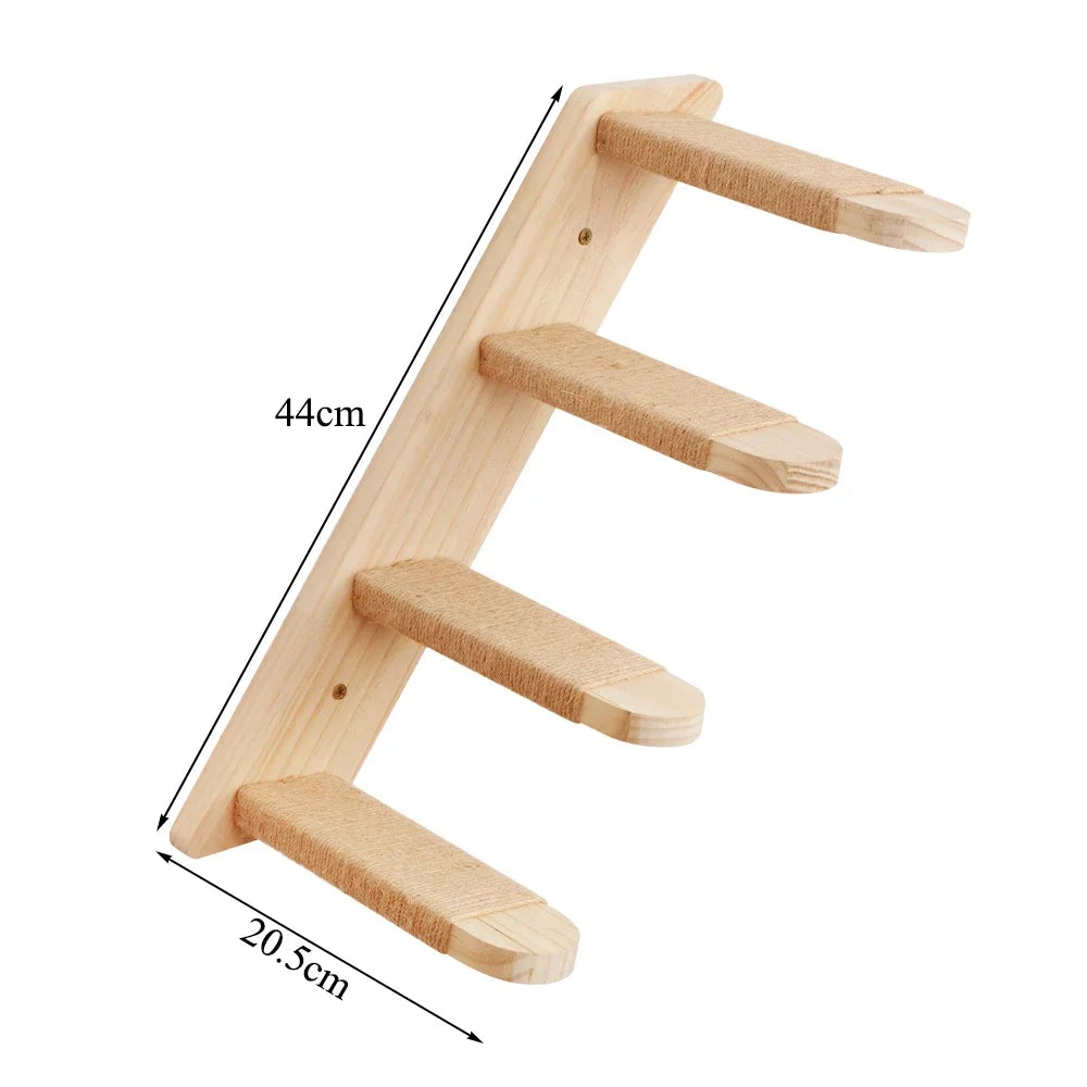Arbre à chat en bois mural avec perchoirs flottants, poteaux à griffer en sisal, hamac, marches et échelle – Aire de jeux verticale pour chat peu encombrante