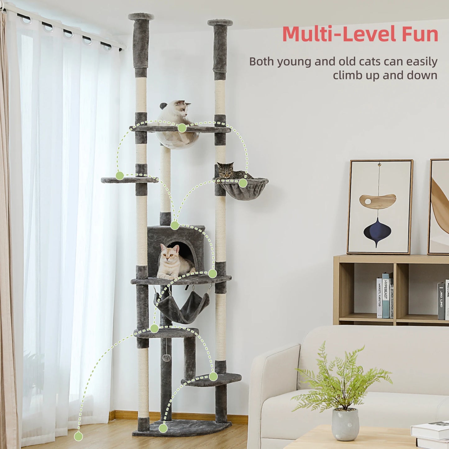 Arbre à chat réglable du sol au plafond avec 9 poteaux à griffer en sisal, condo douillet, hamac en peluche, perchoirs et balle à ressort – grand centre d’activité vertical multi-chats idéal pour les grandes famille