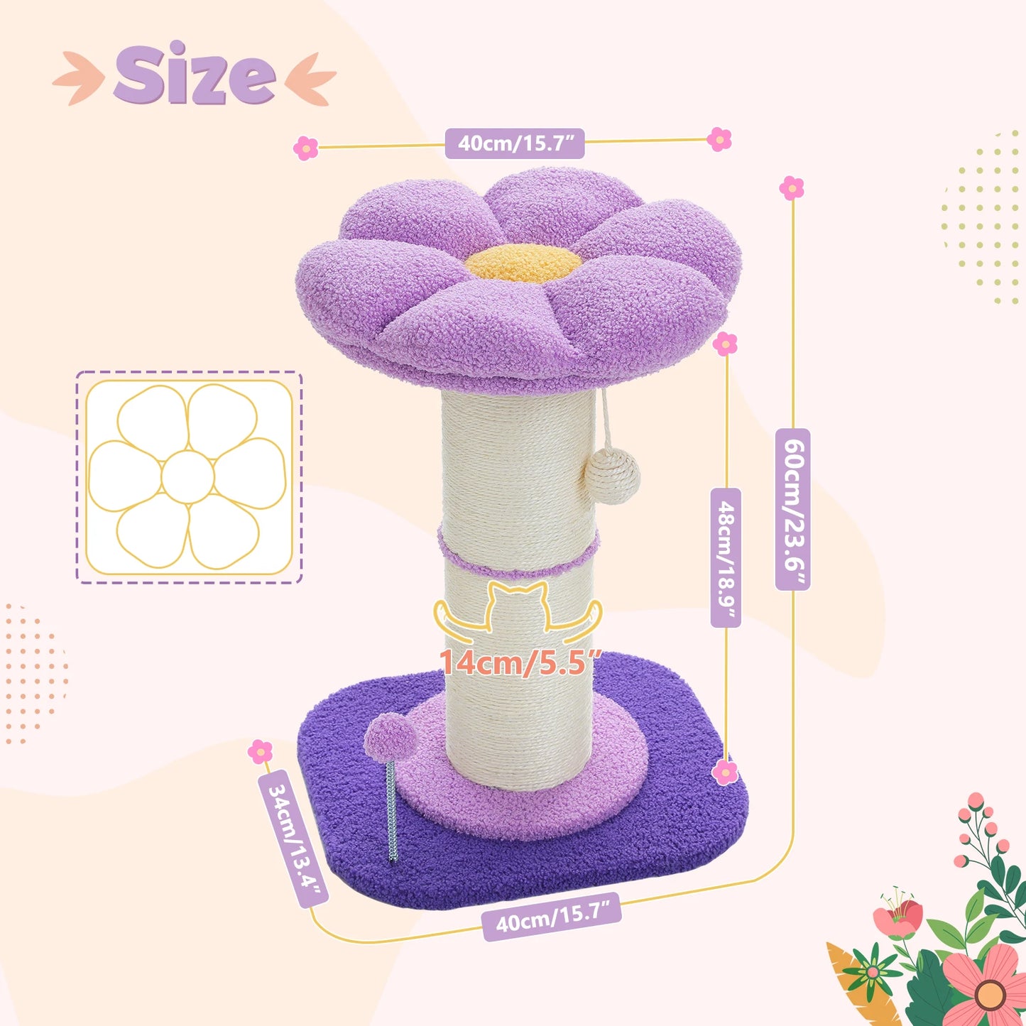 Arbre à chat fleur rose avec poteau à griffer en sisal naturel super épais, perchoir stable intérieur avec tapis et boules interactives.