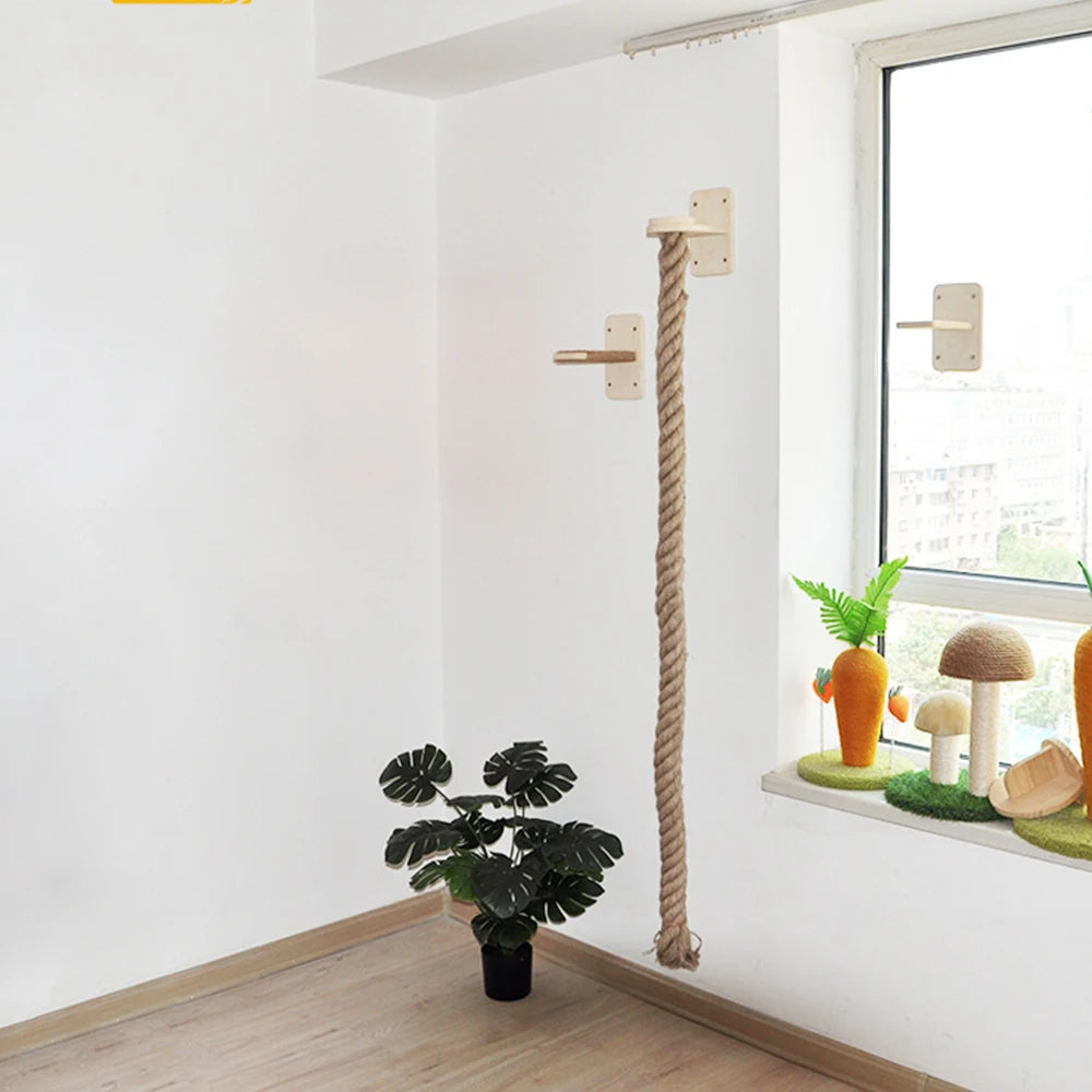 1 Piece Wall-mounted Cat Climbing Rope Solid Wooden Pedals And Sisal Rope Kitten Training Claw Grinding Indoor Cat Furniture