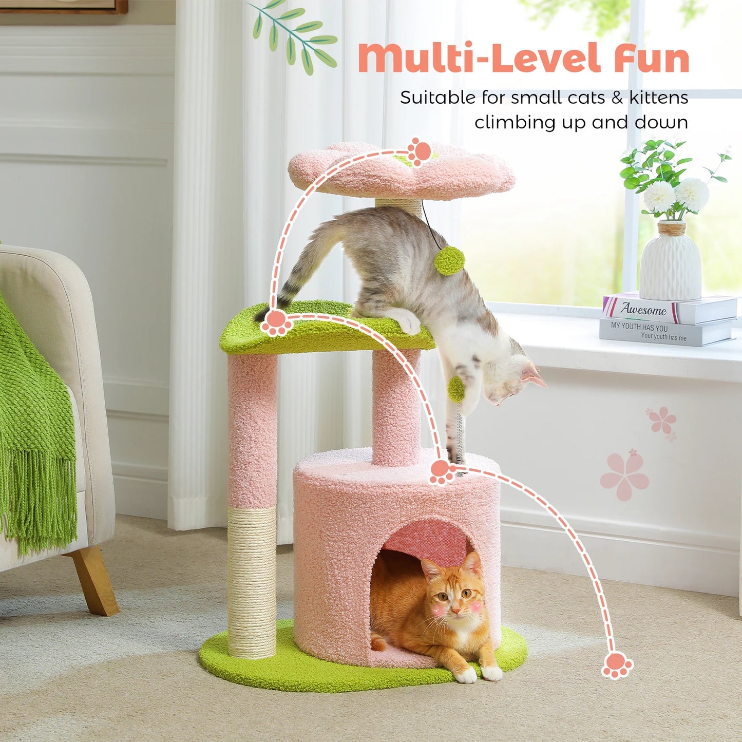 Arbre à chat cactus durable avec perchoir courbe, condo douillet, lit supérieur amovible, poteau à griffer en sisal naturel, tour pour chat d'intérieur.