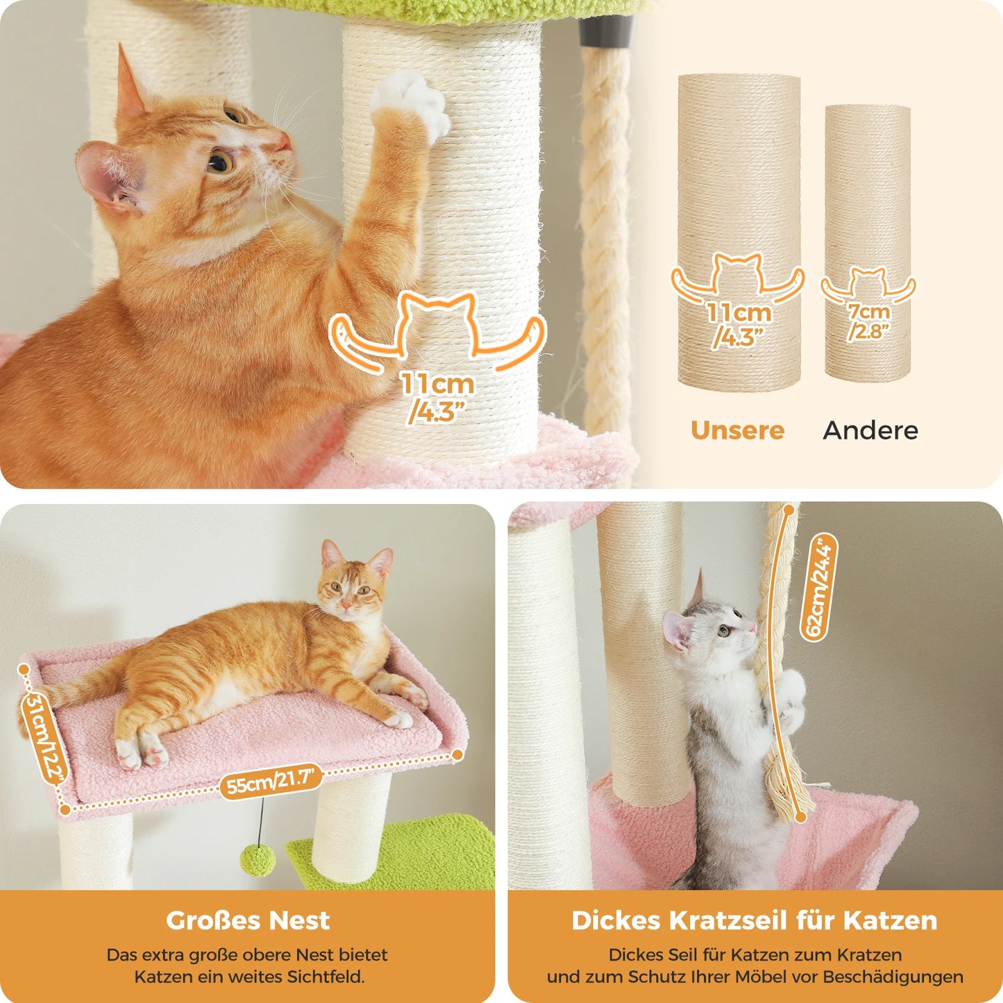 Arbre à chat pour gros chats avec 11 poteaux à griffer en sisal, 7 niveaux, plusieurs hamacs et perchoirs extra-larges – Château d’escalade robuste pour intérieur, adapté aux chats jusqu’à 10 kg.