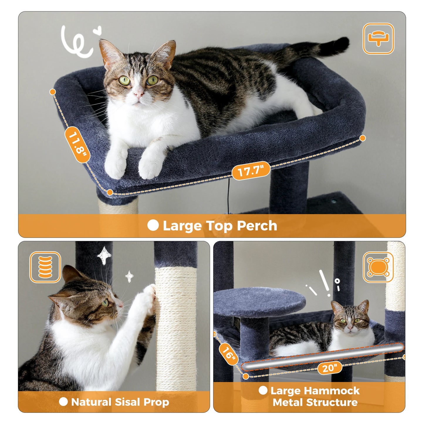 Tour d'arbre à chat à 5 niveaux pour grands chats avec hamac extra-large, niche confortable, poteaux à griffer en sisal et perchoir moelleux – Centre d'activités d'intérieur adapté aux chats lourds
