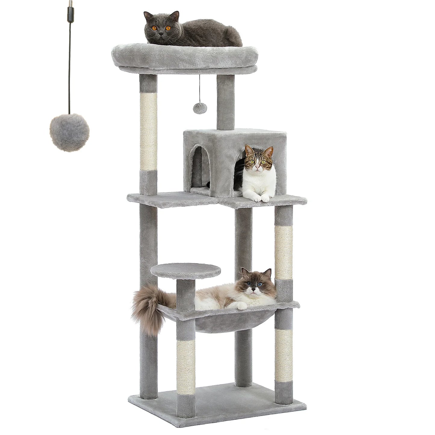 Tour d'arbre à chat à 5 niveaux pour grands chats avec hamac extra-large, niche confortable, poteaux à griffer en sisal et perchoir moelleux – Centre d'activités d'intérieur adapté aux chats lourds