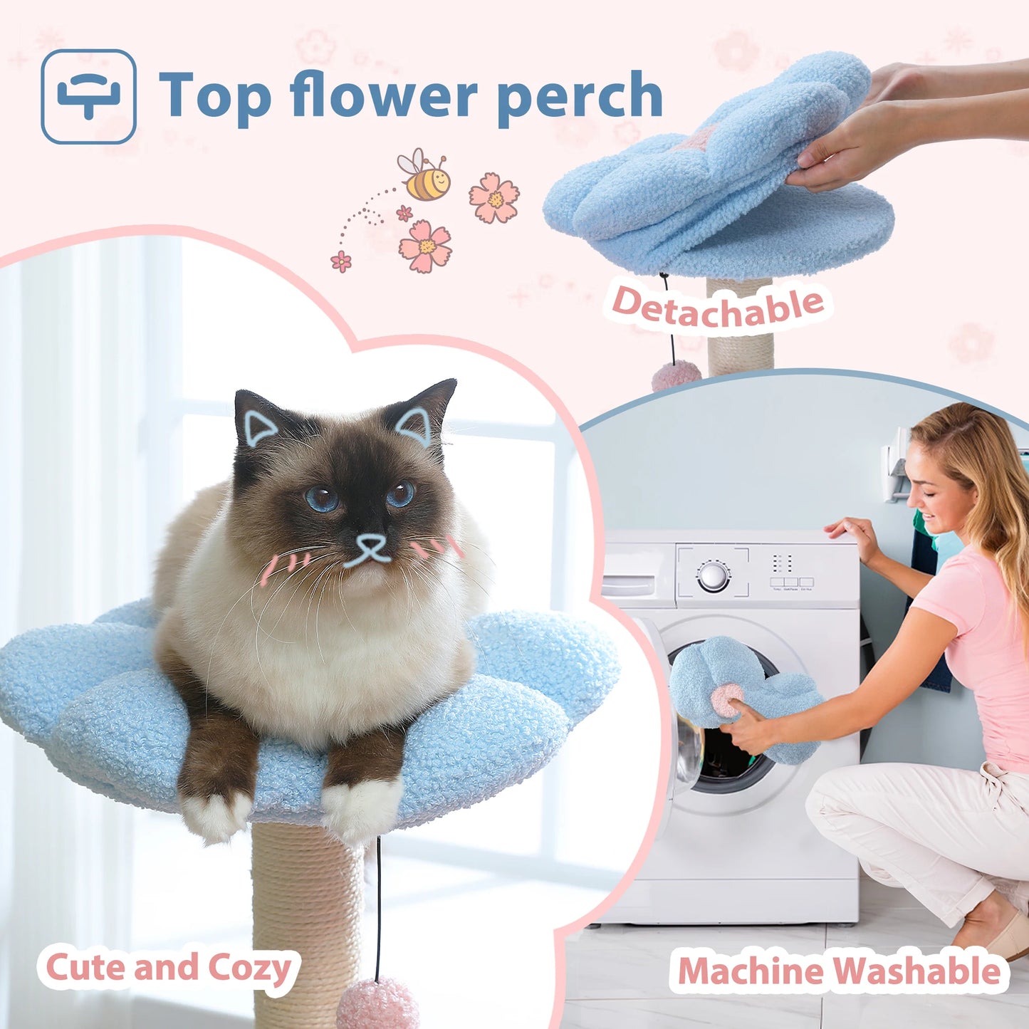 Arbre à chat fleuri avec grand hamac à cadre métallique, poteaux à griffer en sisal et perchoir rose – tour à chat stable, facile à nettoyer, avec condo spacieux à deux portes, idéal pour petits chats en intérieur.