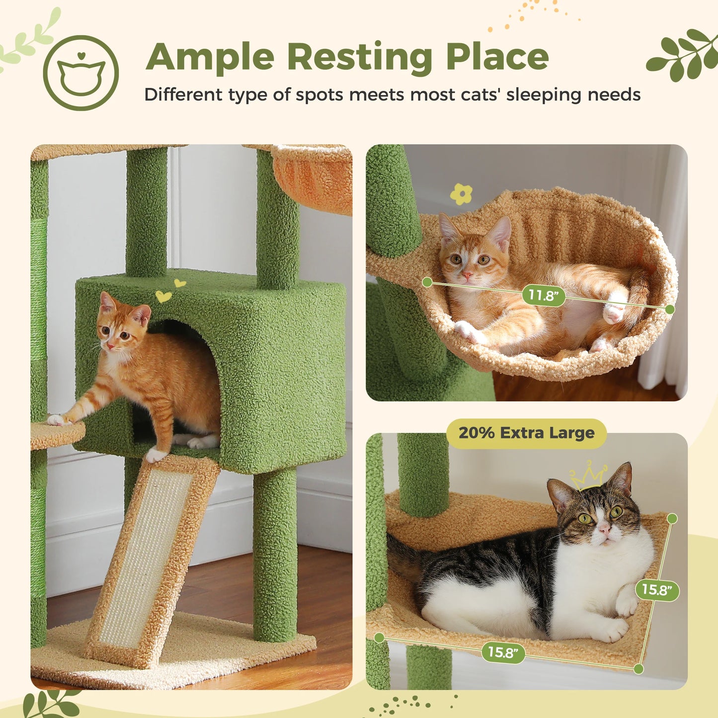 Arbre à chat Cactus réglable en hauteur, du sol au plafond, avec niche, hamac confortable et griffoirs – Arbre d'activité d'intérieur multi-chats peu encombrant