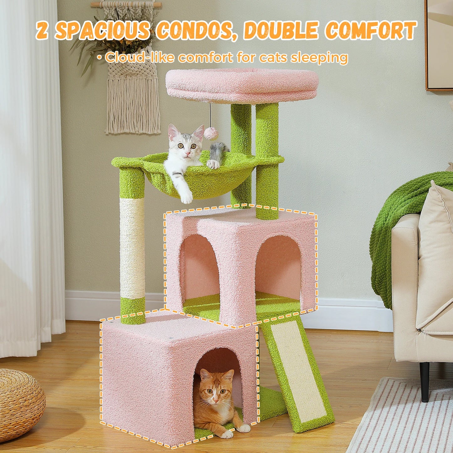 Arbre à chat de luxe tout-en-un avec 2 condos spacieux, grand hamac, perchoir rembourré, poteaux à griffer et rampe – Centre robuste de jeu et de repos multi-chats pour gros chats avec sangle de sécurité.