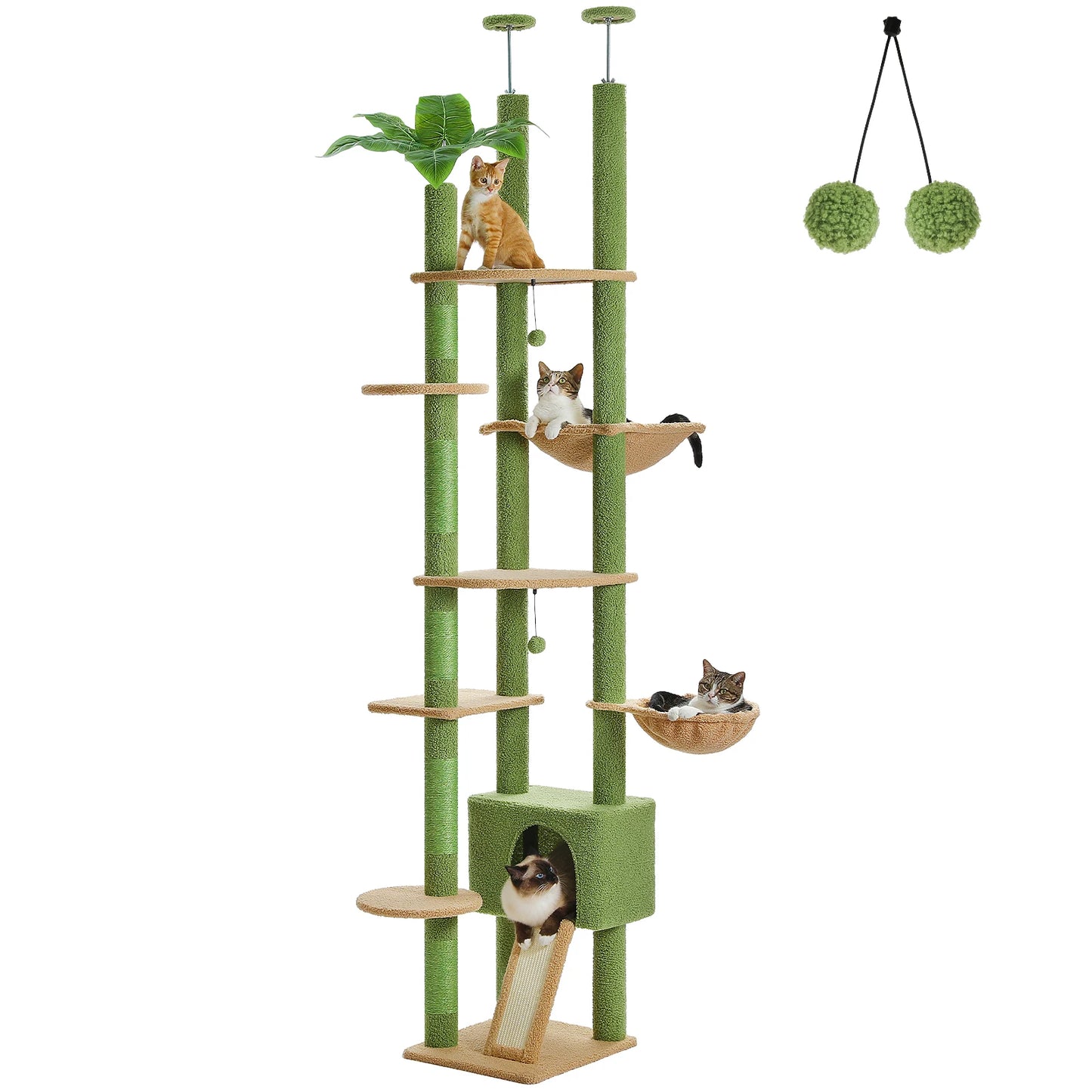 Arbre à chat Cactus réglable en hauteur, du sol au plafond, avec niche, hamac confortable et griffoirs – Arbre d'activité d'intérieur multi-chats peu encombrant