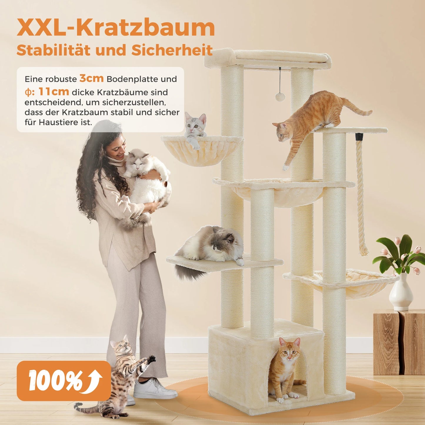 Arbre à chat pour gros chats avec 11 poteaux à griffer en sisal, 7 niveaux, plusieurs hamacs et perchoirs extra-larges – Château d’escalade robuste pour intérieur, adapté aux chats jusqu’à 10 kg.