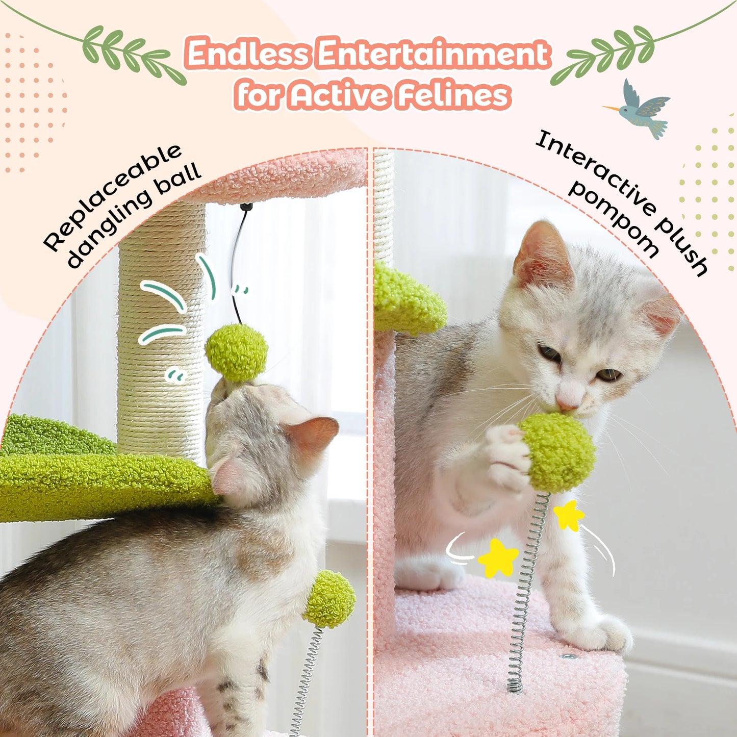 Arbre à chat cactus durable avec perchoir courbe, condo douillet, lit supérieur amovible, poteau à griffer en sisal naturel, tour pour chat d'intérieur.