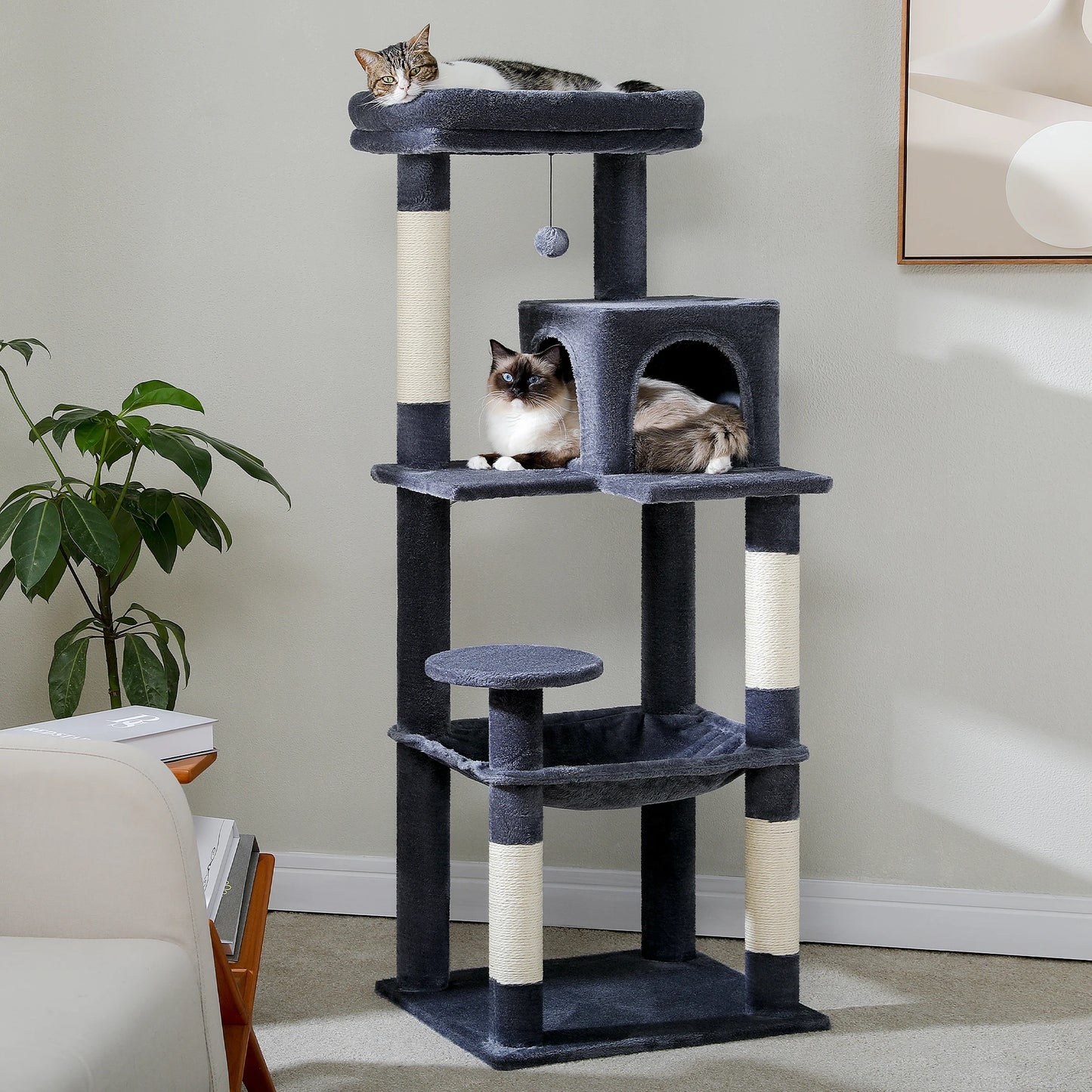 Tour d'arbre à chat à 5 niveaux pour grands chats avec hamac extra-large, niche confortable, poteaux à griffer en sisal et perchoir moelleux – Centre d'activités d'intérieur adapté aux chats lourds