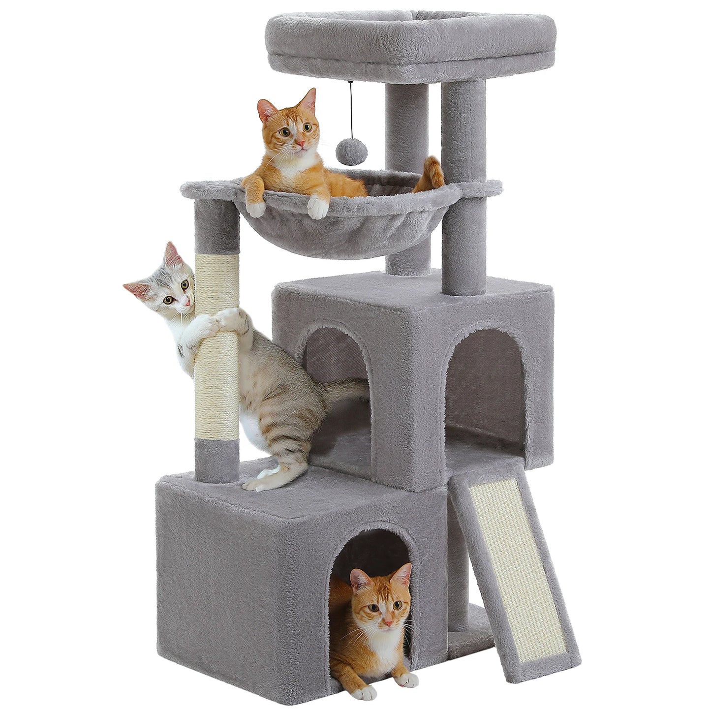 Arbre à chat de luxe tout-en-un avec 2 condos spacieux, grand hamac, perchoir rembourré, poteaux à griffer et rampe – Centre robuste de jeu et de repos multi-chats pour gros chats avec sangle de sécurité.
