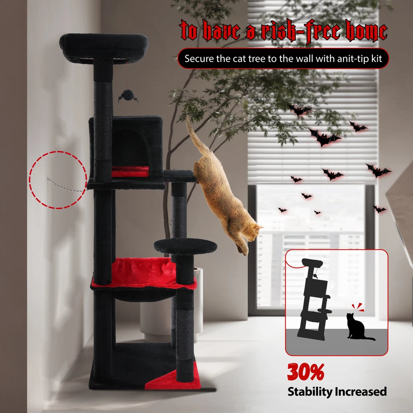 Tour d'arbre à chat à 5 niveaux pour grands chats avec hamac extra-large, niche confortable, poteaux à griffer en sisal et perchoir moelleux – Centre d'activités d'intérieur adapté aux chats lourds