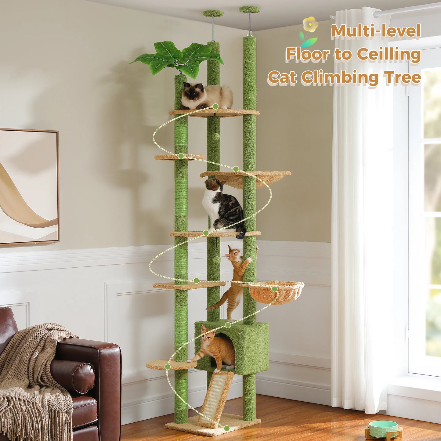 Arbre à chat Cactus réglable en hauteur, du sol au plafond, avec niche, hamac confortable et griffoirs – Arbre d'activité d'intérieur multi-chats peu encombrant