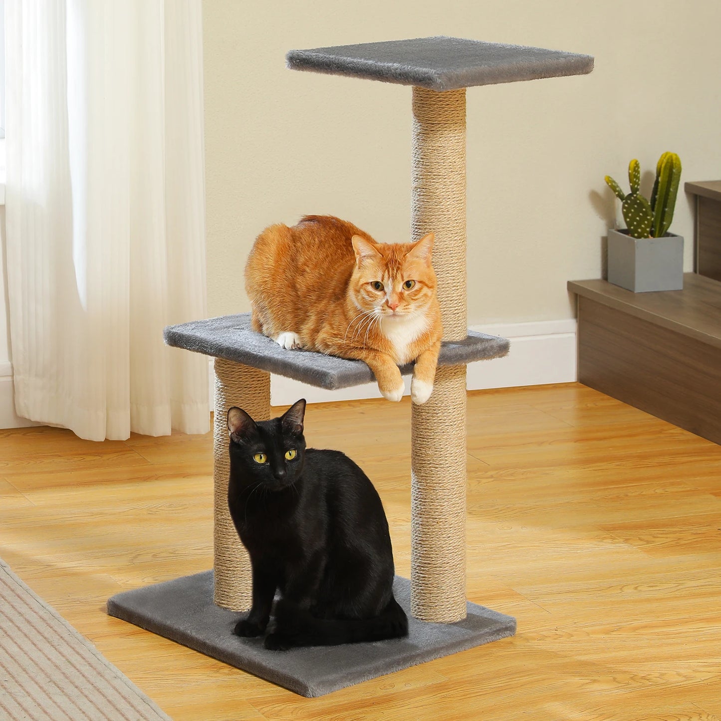 Tour pour chat réglable à 5 niveaux, du sol au plafond, avec poteaux à griffer en sisal, hamac en peluche et jouet suspendu – Design moderne en forme de cactus pour les jeux d'intérieur de plusieurs chats